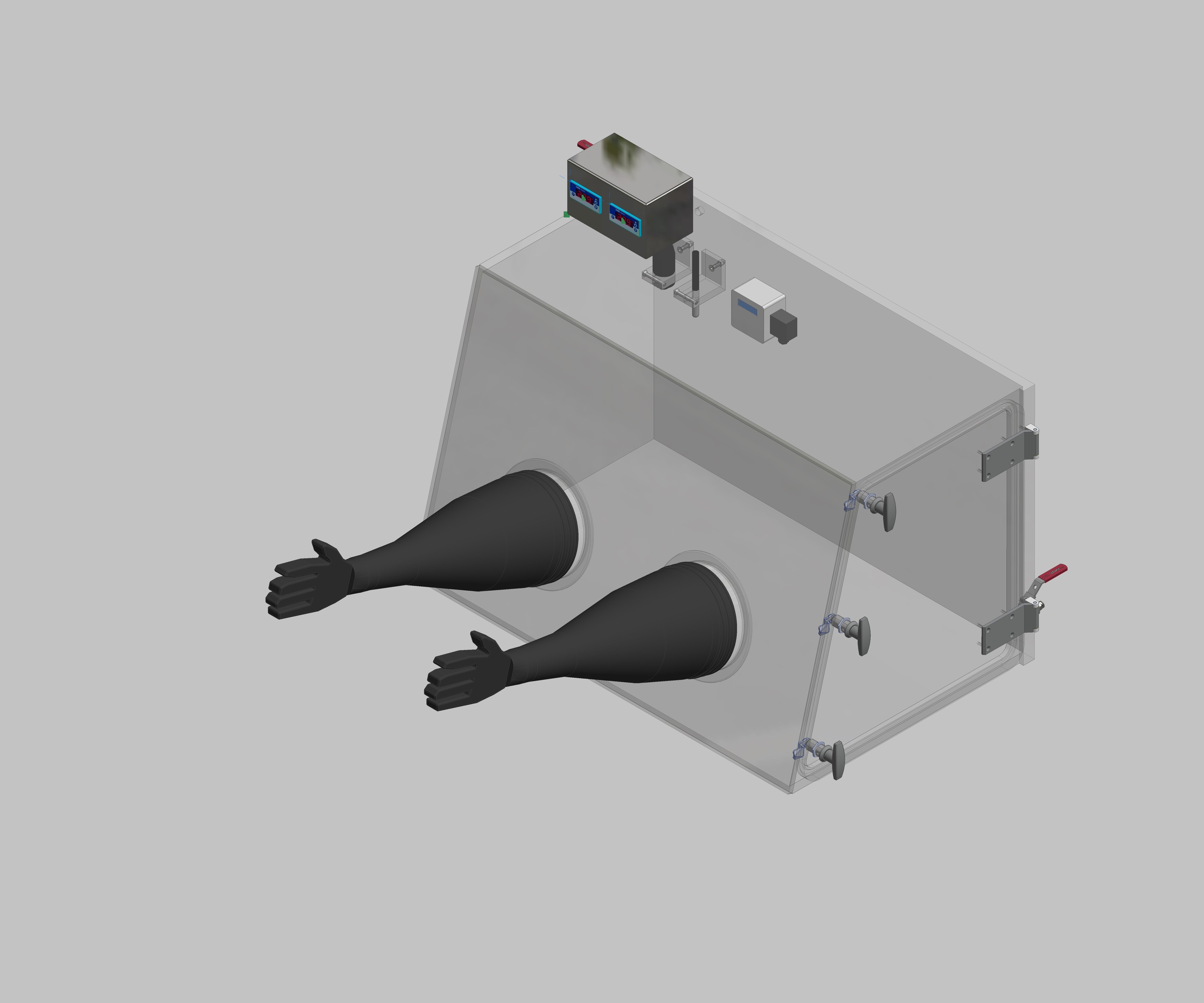 Glovebox aus Acryl> Gasbefüllung: Von Hand, Frontausführung: Standard, Seitenausführung: Flügeltüre Steuerung: Sauerstoff-und Feuchteanzeige