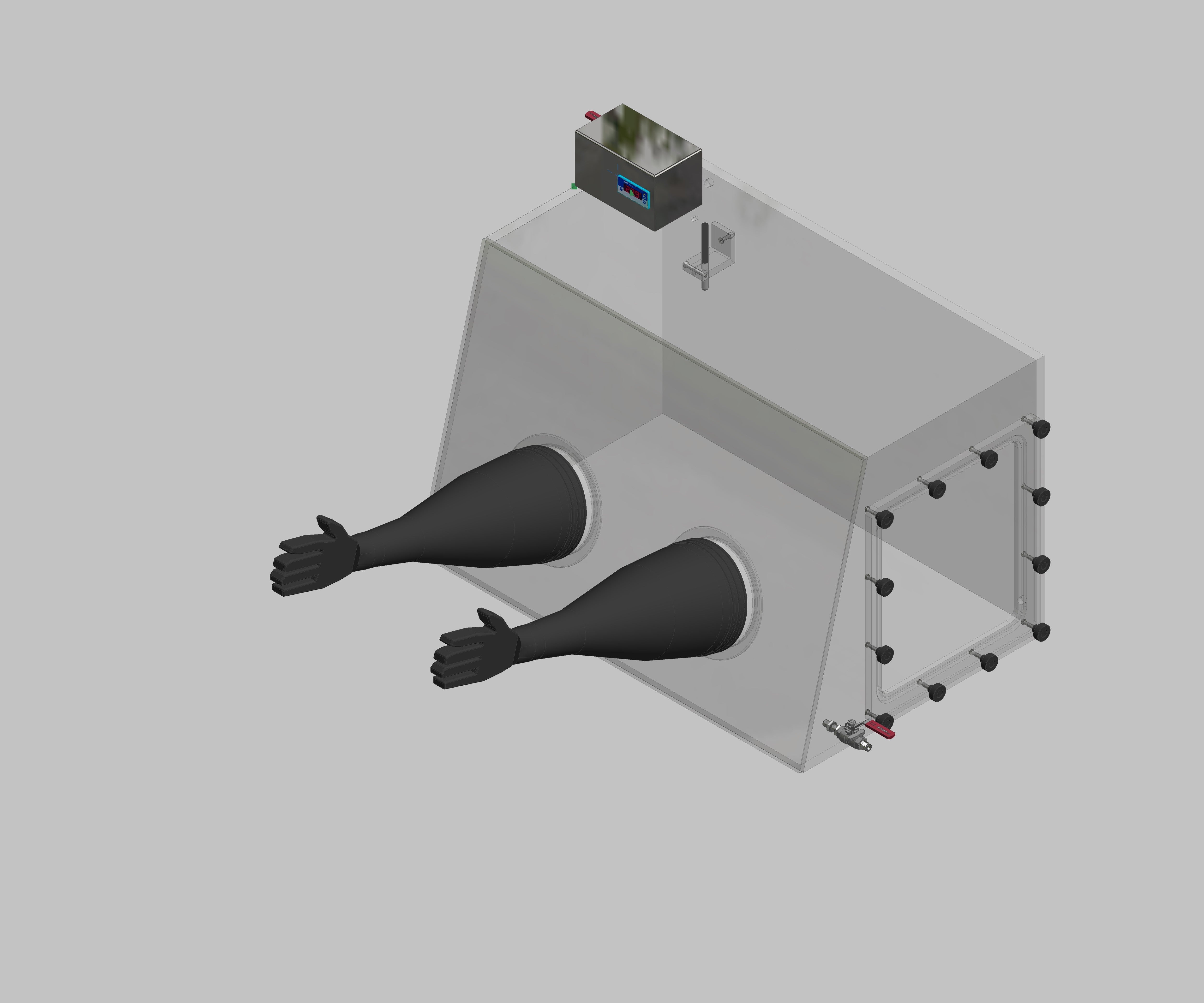 Glovebox aus Acryl> Gasbefüllung: Von Hand, Frontausführung: Standard, Seitenausführung: Flansch abnehmbar Steuerung: Feuchteanzeige