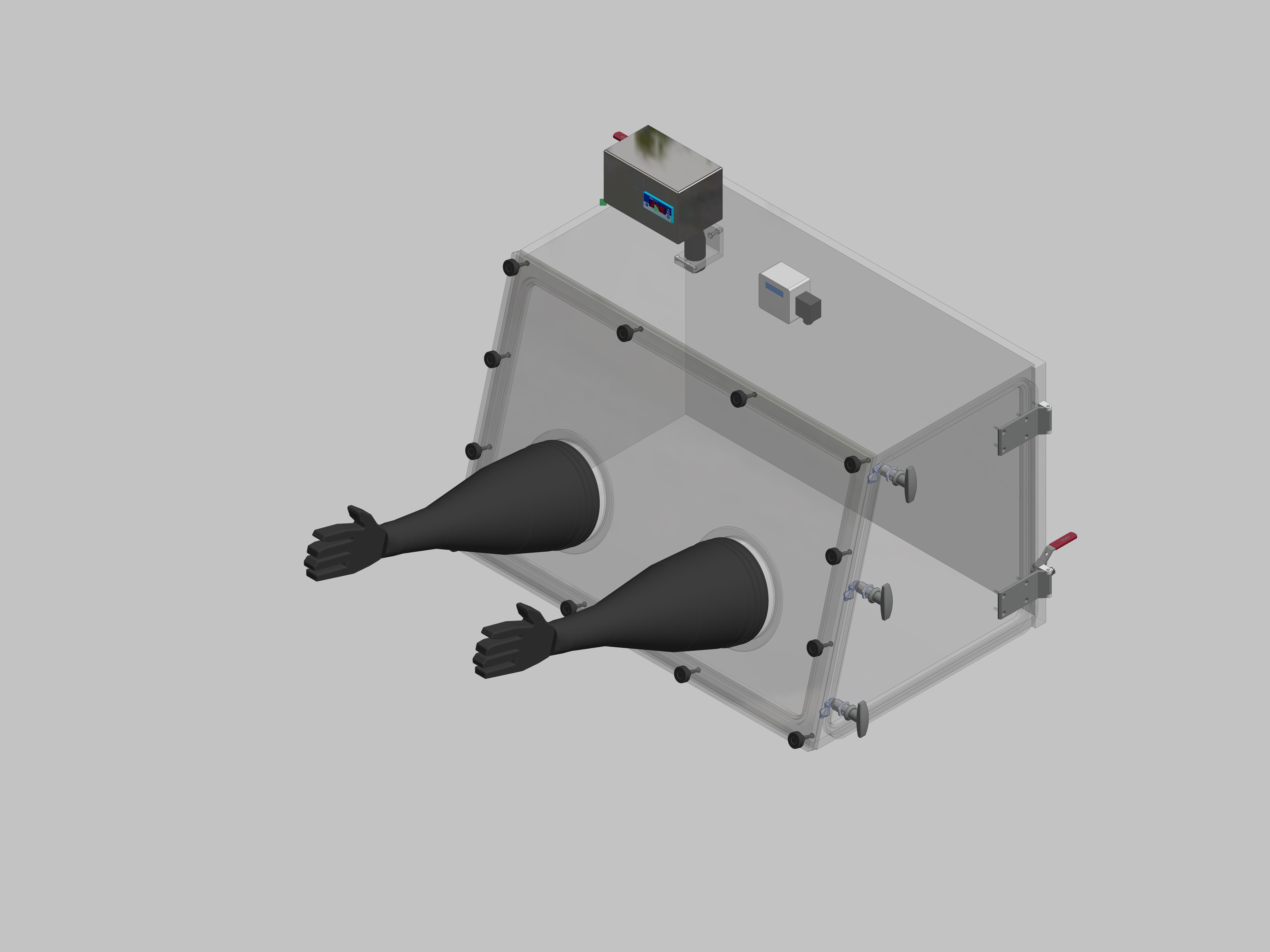 Glovebox aus Acryl> Gasbefüllung: Von Hand, Frontausführung: abnehmbar Seitenausführung: Flügeltüre Steuerung: Sauerstoffanzeige