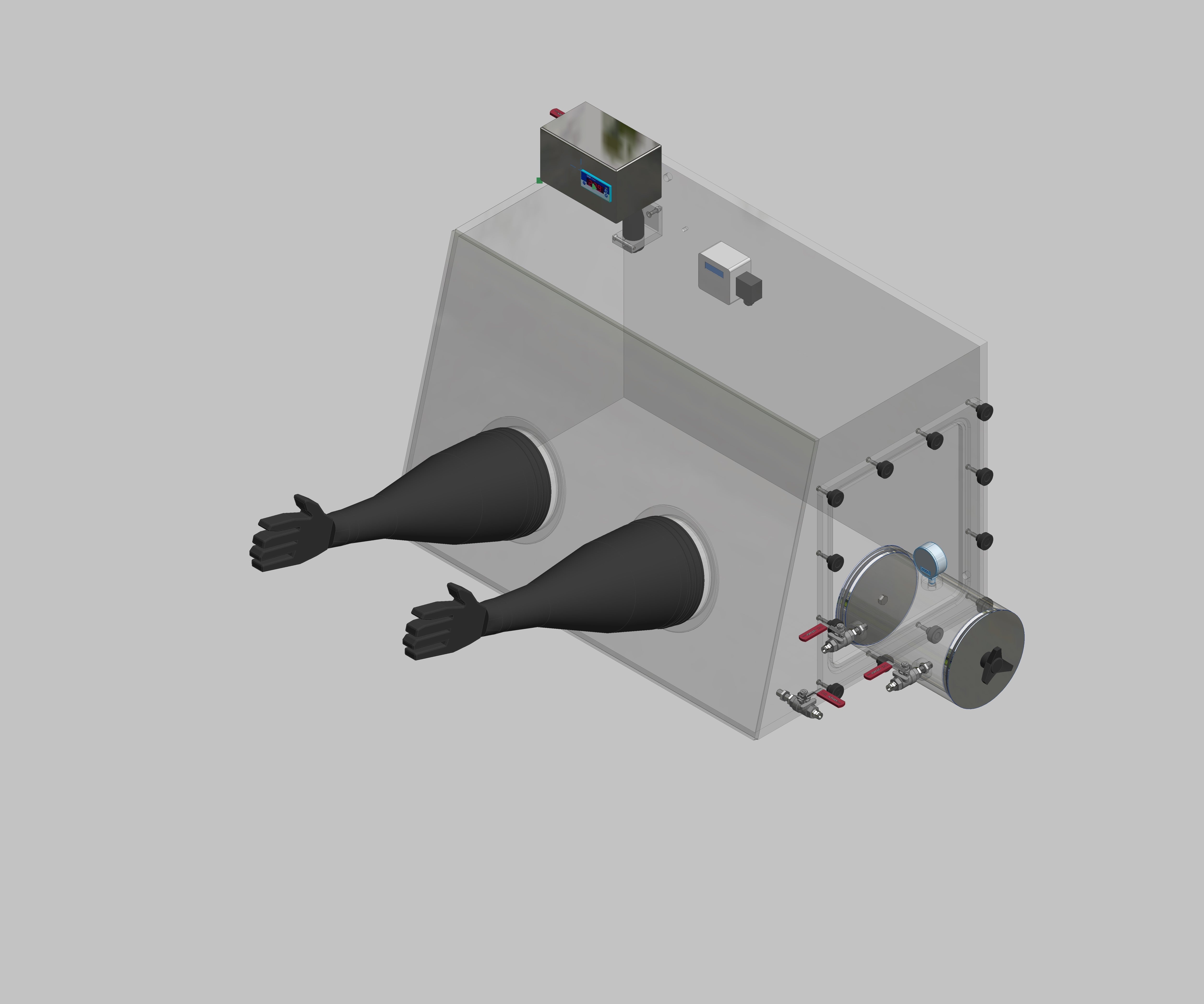 Glovebox aus Acryl> Gasbefüllung: Von Hand, Frontausführung: Standard, Seitenausführung: Vakuumschleuse rund, Steuerung: Sauerstoffanzeige