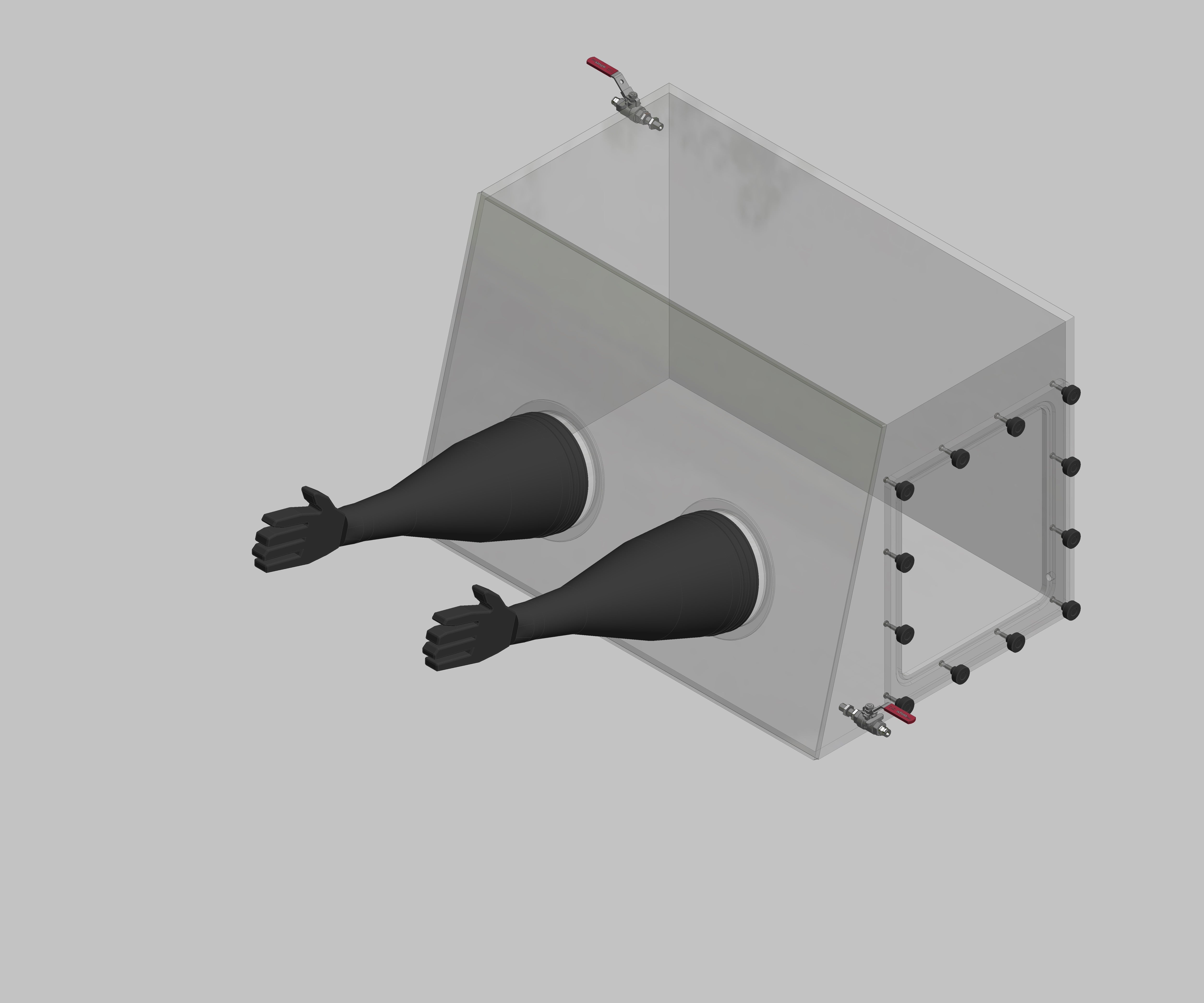 Glovebox aus Acryl> Gasbefüllung: Von Hand, Frontausführung: Standard, Seitenausführung: Flansch abnehmbar