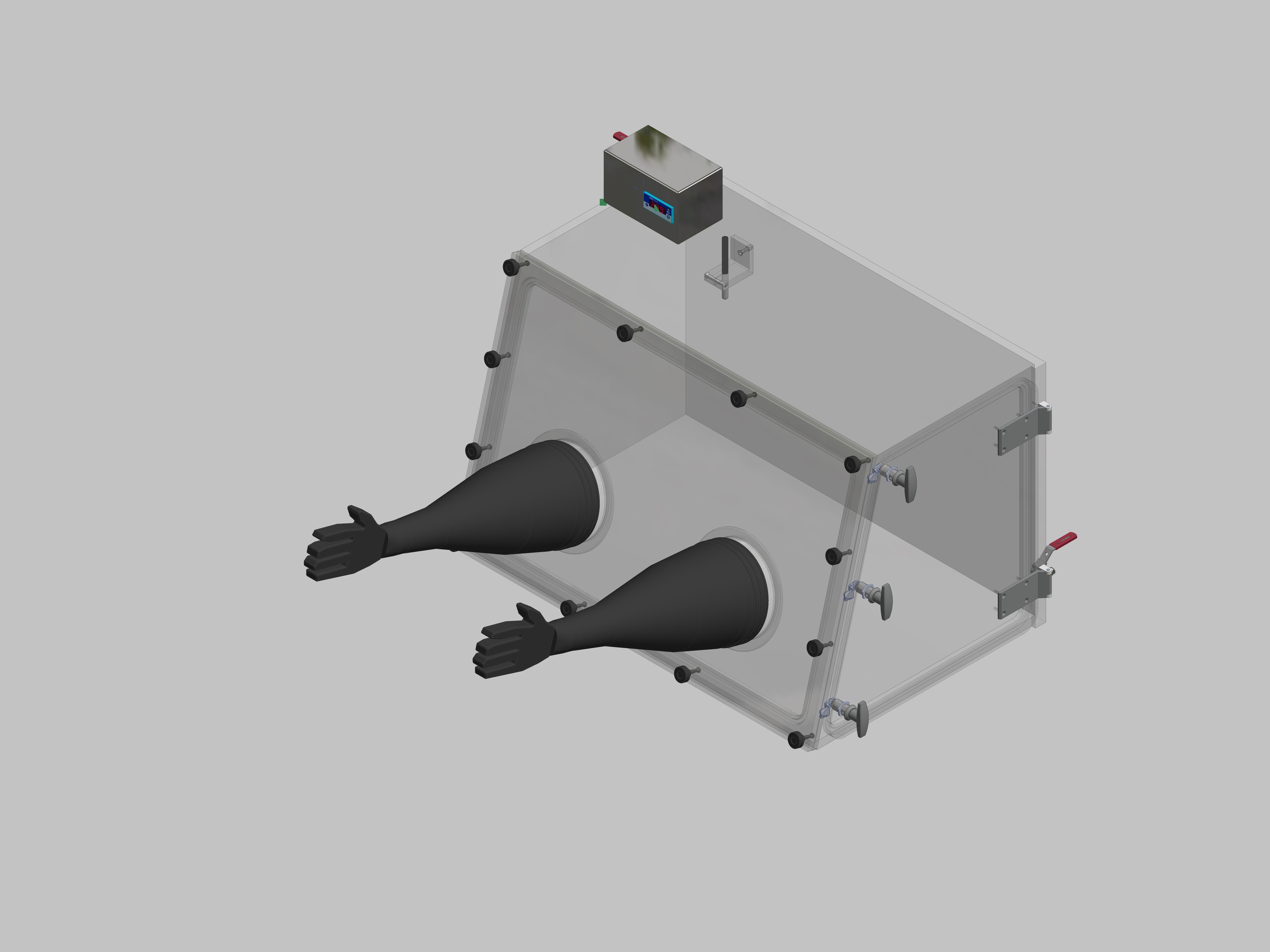 Glovebox aus Acryl> Gasbefüllung: Von Hand, Frontausführung: abnehmbar Seitenausführung: Flügeltüre Steuerung: Feuchteanzeige
