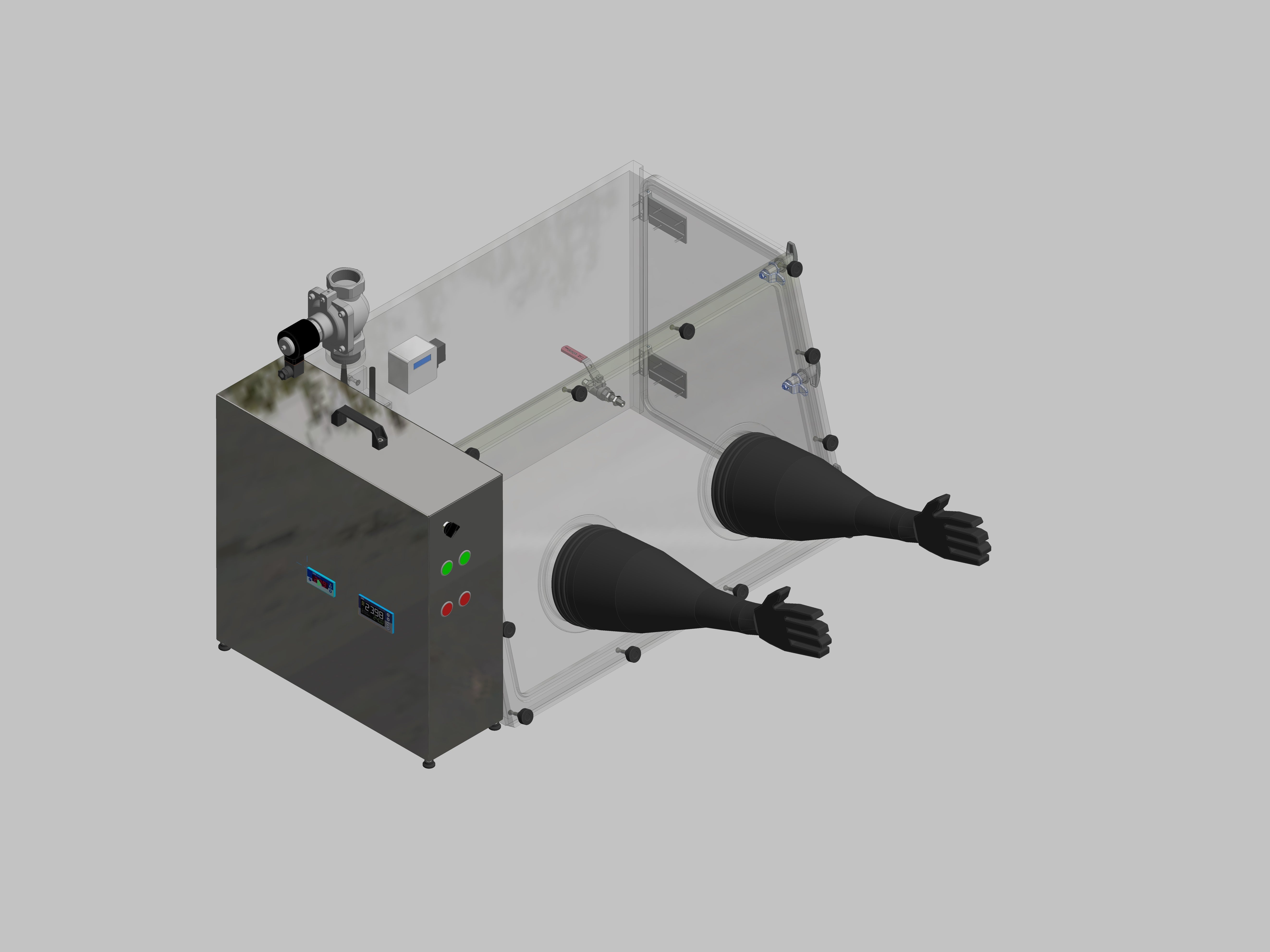 Glovebox made of acrylic> Gas filling: automatic flushing with pressure control, front design: removable, side design: hinged doors, control: oxygen regulator with humidity display