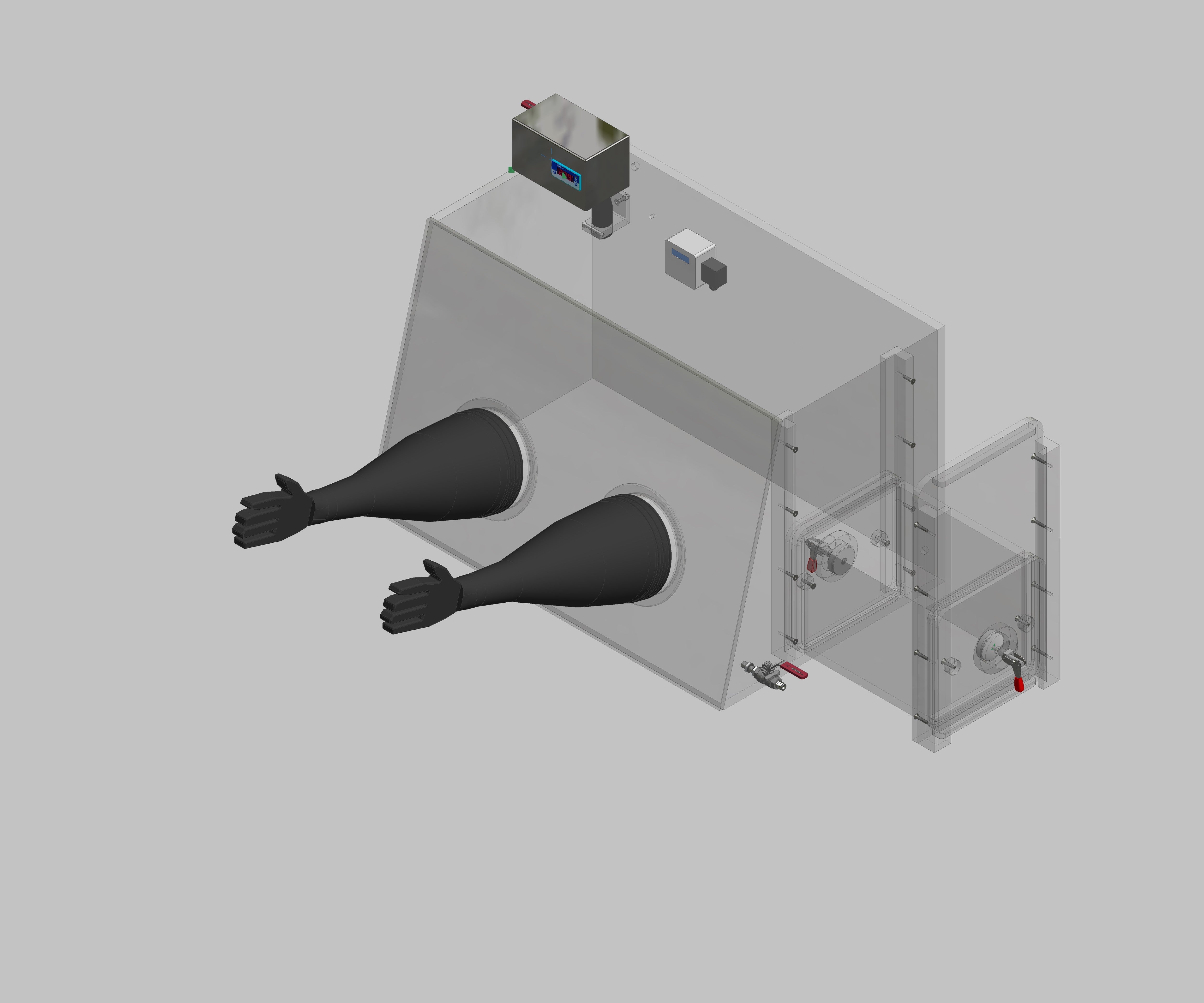 Glovebox aus Acryl> Gasbefüllung: Von Hand, Frontausführung: Standard, Seitenausführung: Rechteckschleuse Steuerung: Sauerstoffanzeige