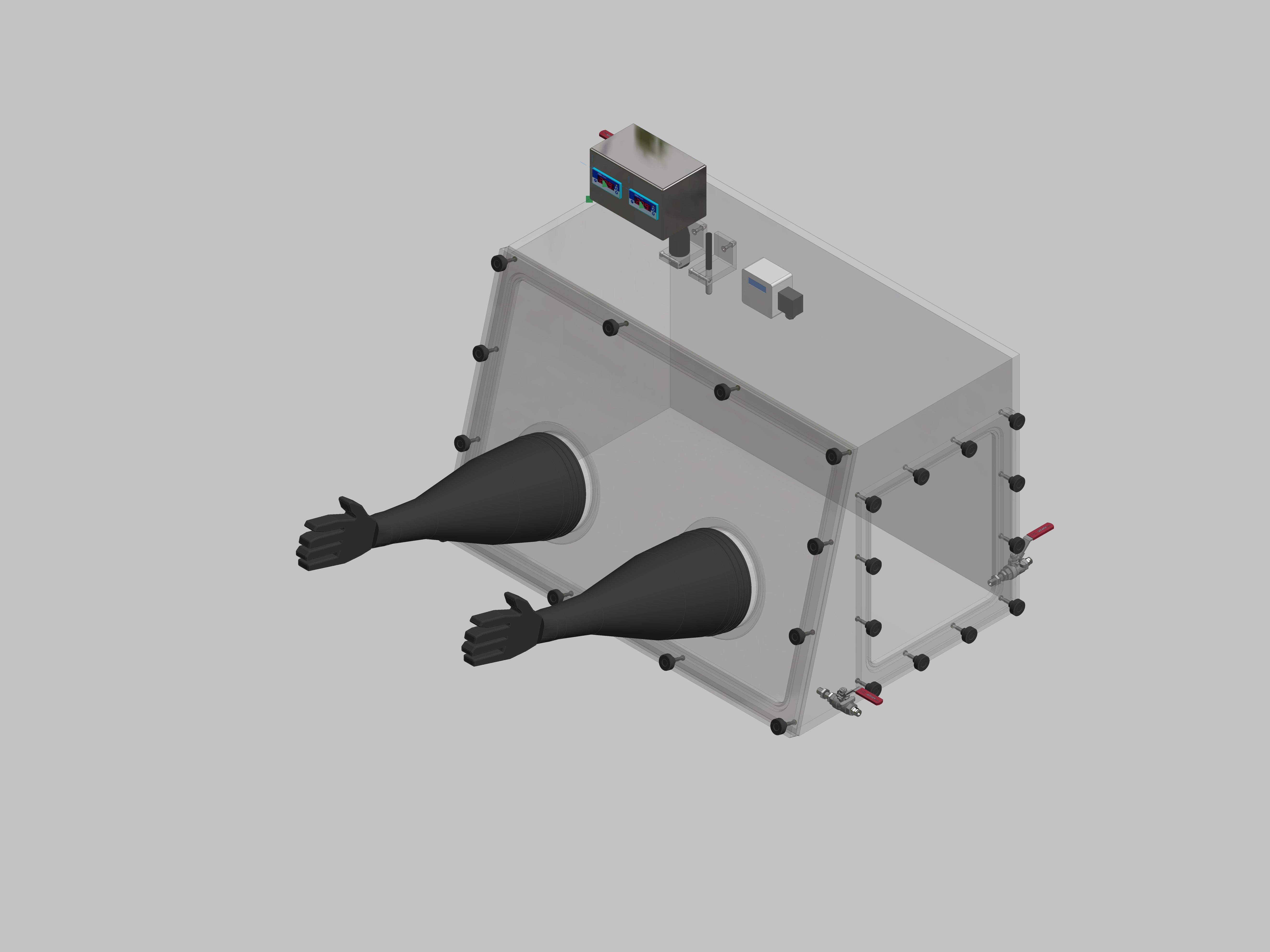 Glovebox aus Acryl> Gasbefüllung: Von Hand, Frontausführung: abnehmbar Seitenausführung: Flansch abnehmbar Steuerung: Sauerstoff-und Feuchteanzeige
