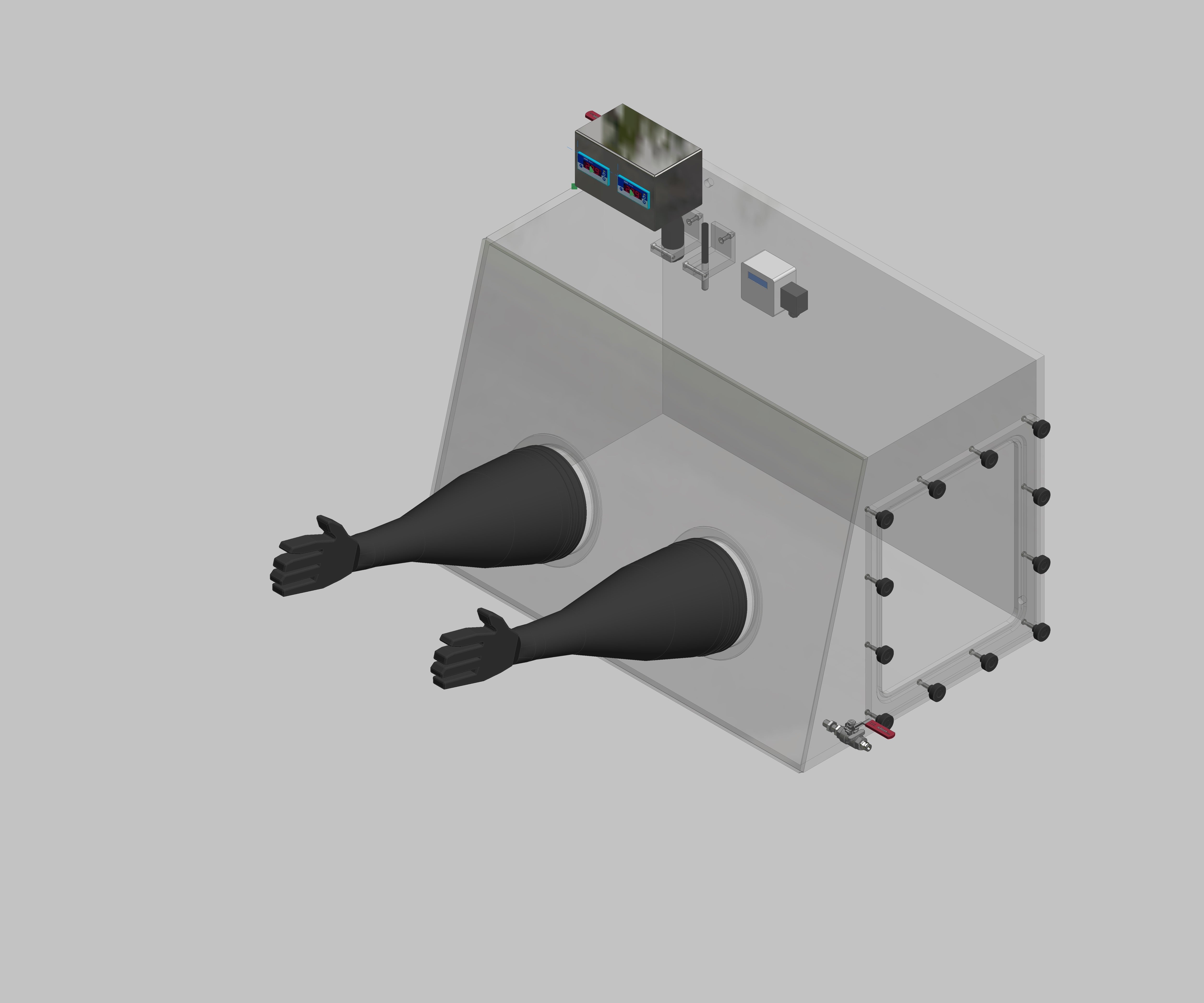 Glovebox aus Acryl> Gasbefüllung: Von Hand, Frontausführung: Standard, Seitenausführung: Flansch abnehmbar Steuerung: Sauerstoff-und Feuchteanzeige