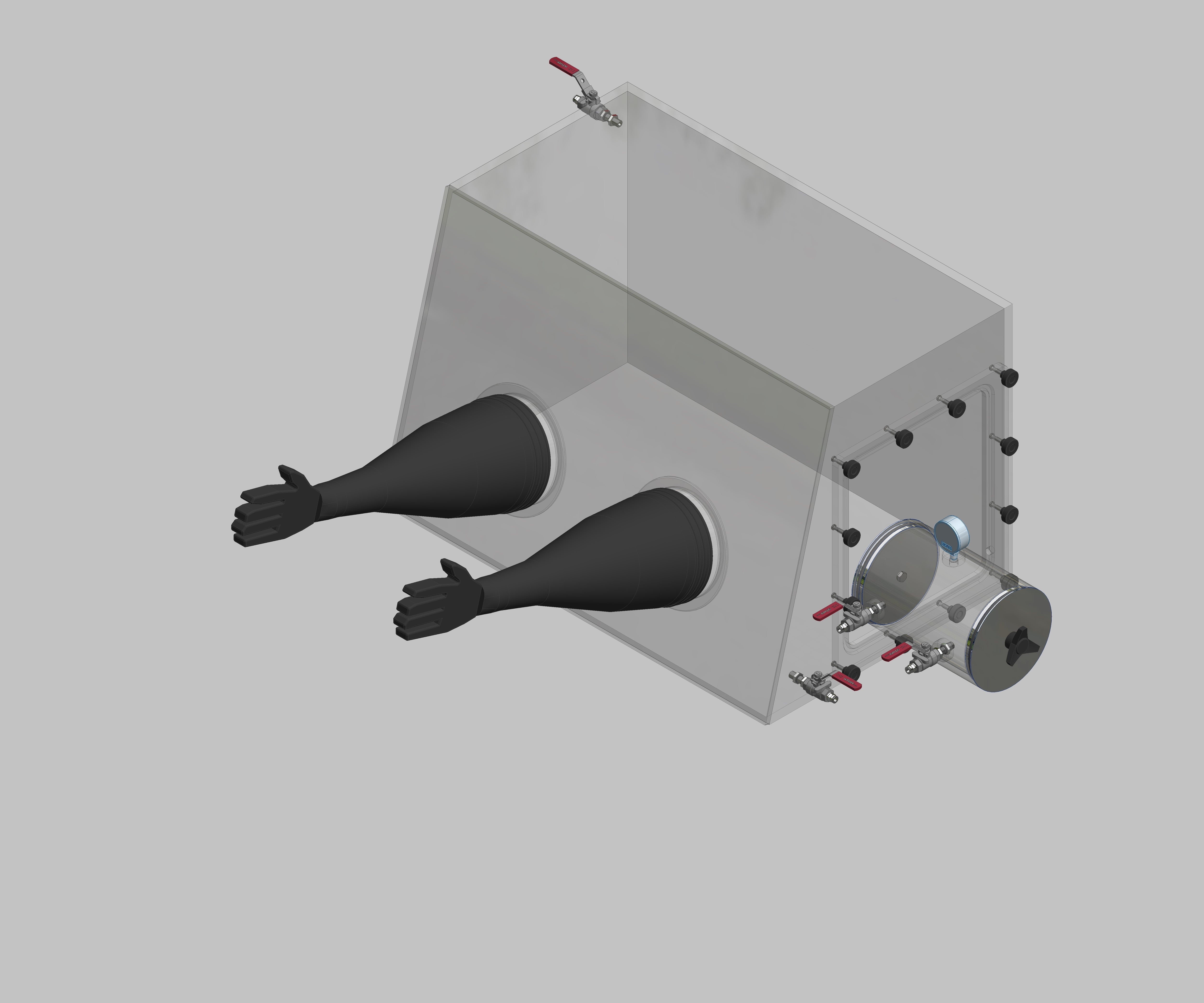 Glovebox aus Acryl> Gasbefüllung: Von Hand, Frontausführung: Standard, Seitenausführung: Vakuumschleuse rund,