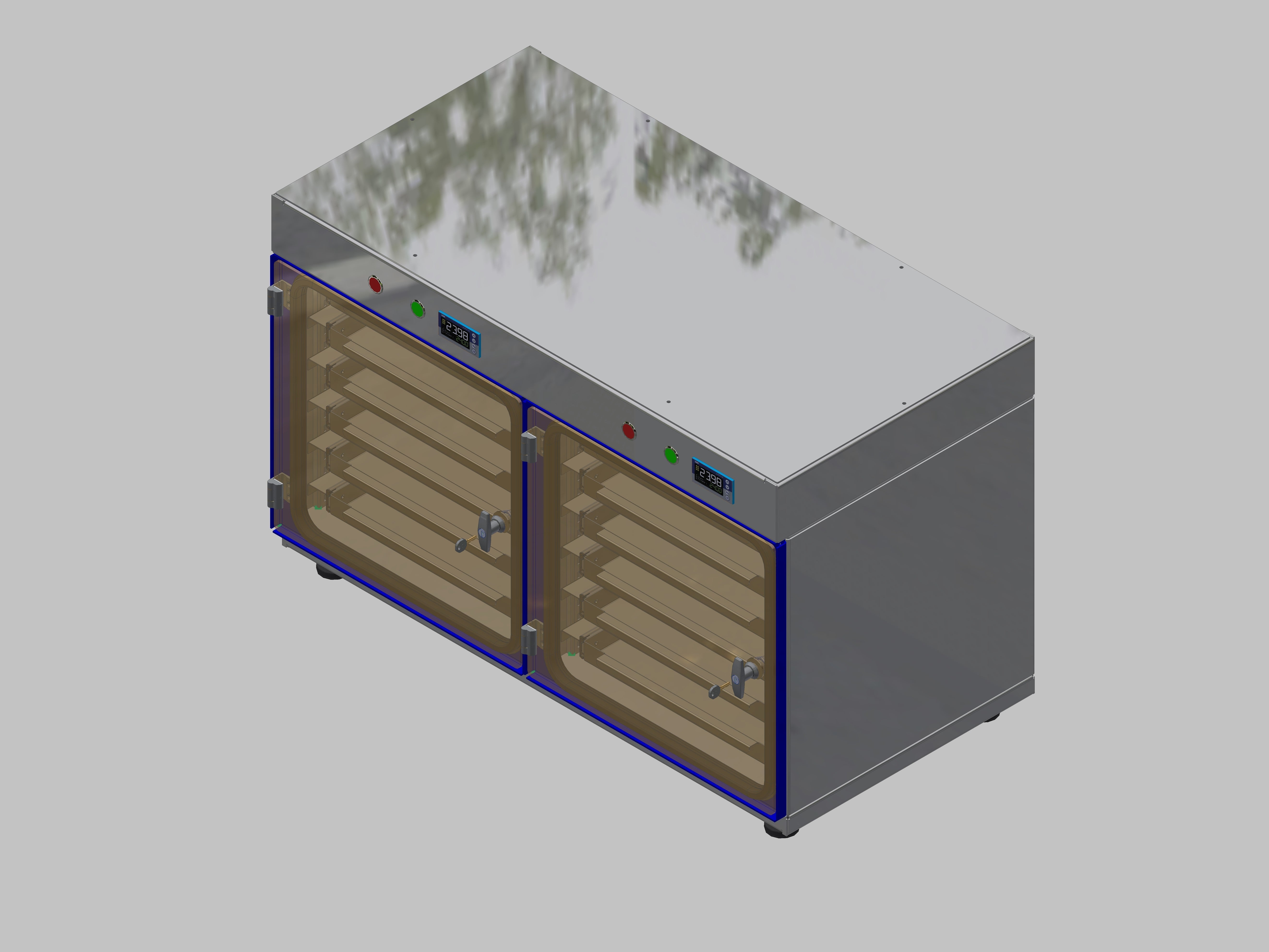 Trockenlagerschrank-ITN-1200-2 mit 6 Schubladen pro Kompartiment und Sockelauführung mit Stellfüsse, Regelung der Schrankatmosphäre pro Vertikalkompartiment