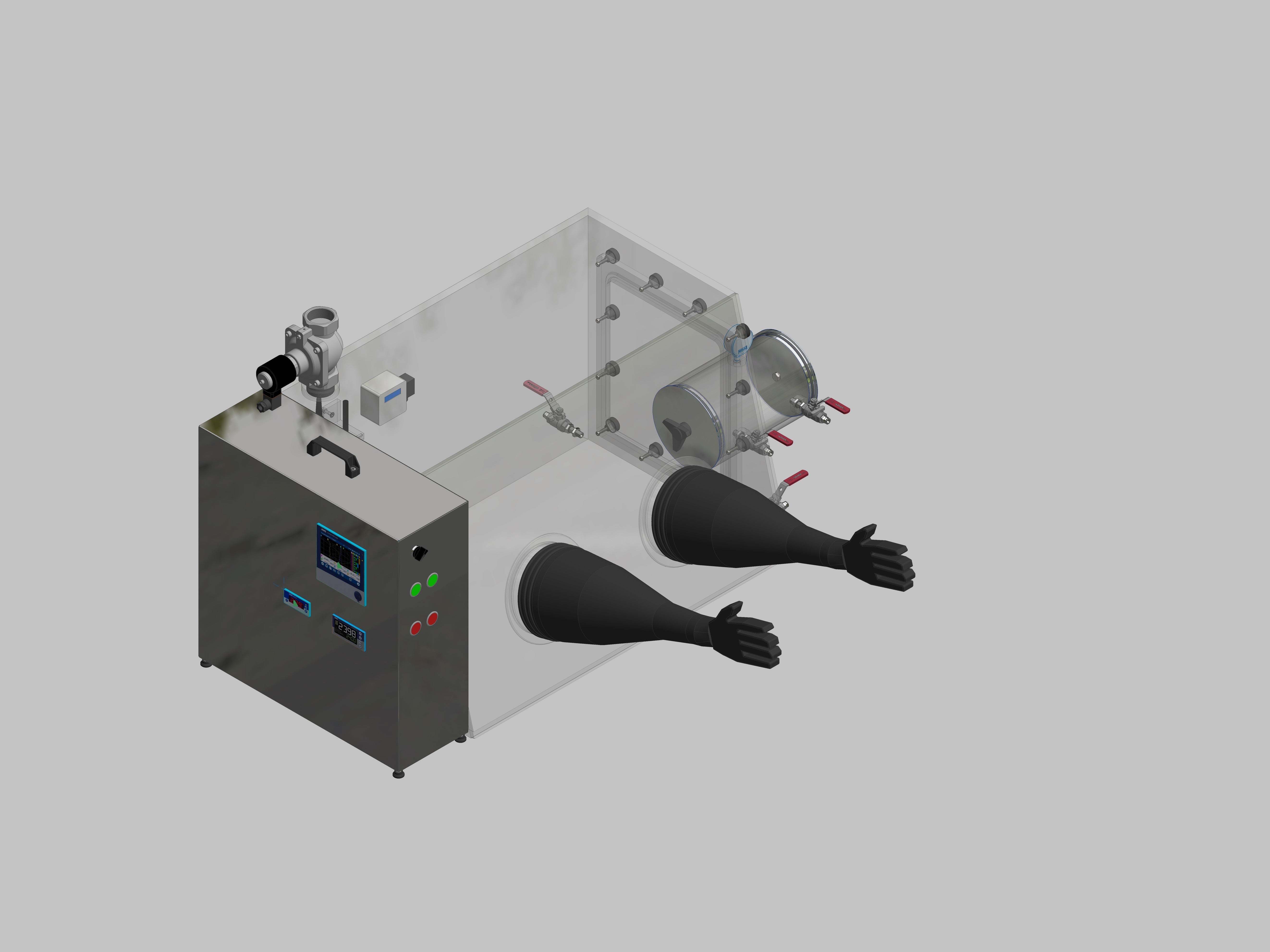 Glovebox aus Acryl> Gasbefüllung: Spülautomatik mit Druckregelung, Frontausführung: Standard, Seitenausführung: Vakuumschleuse rund, Steuerung: Sauerstoffregler und Feuchteanzeige mit Datenlogger