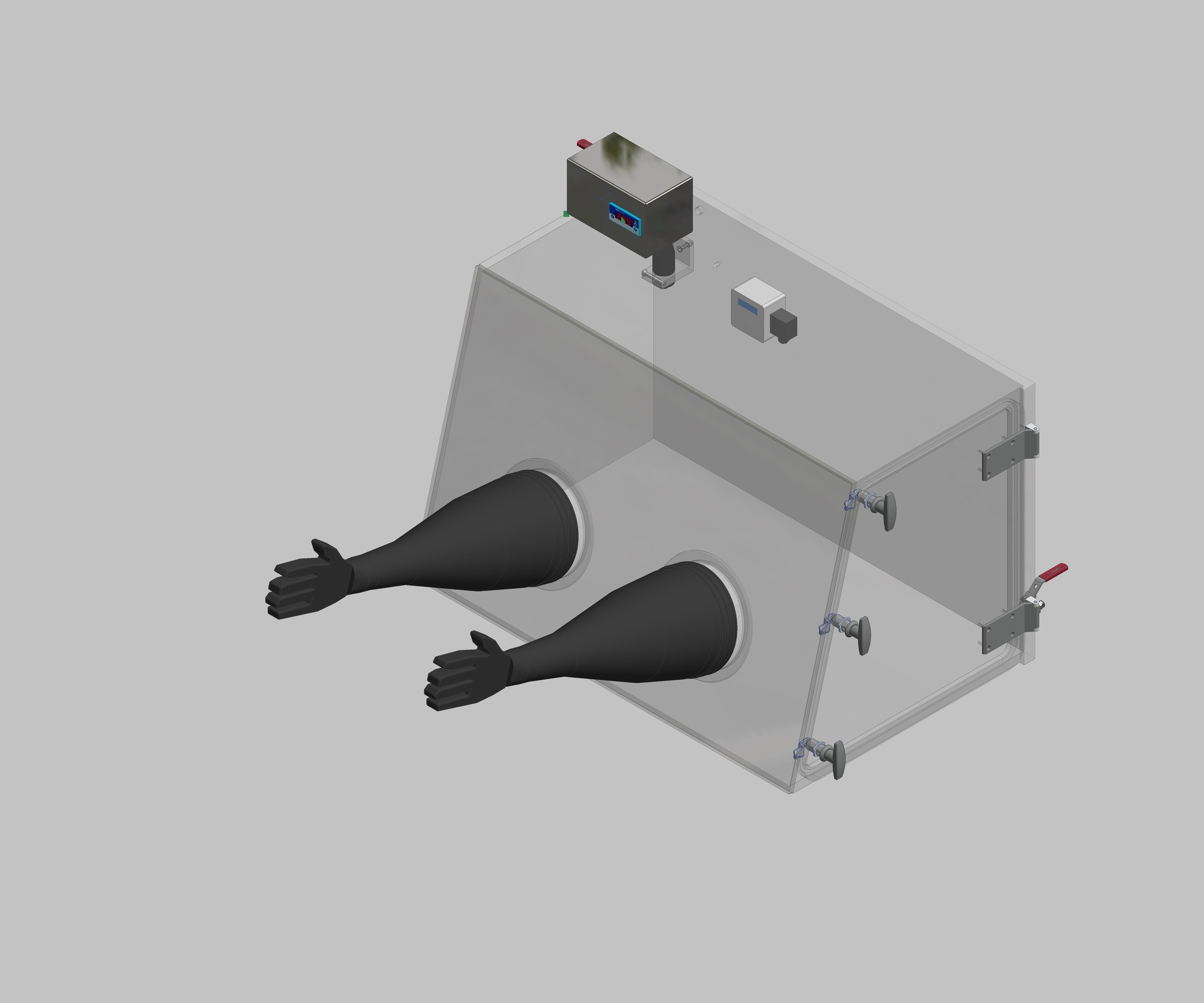 Glovebox aus Acryl> Gasbefüllung: Von Hand, Frontausführung: Standard, Seitenausführung: Flügeltüre Steuerung: Sauerstoffanzeige