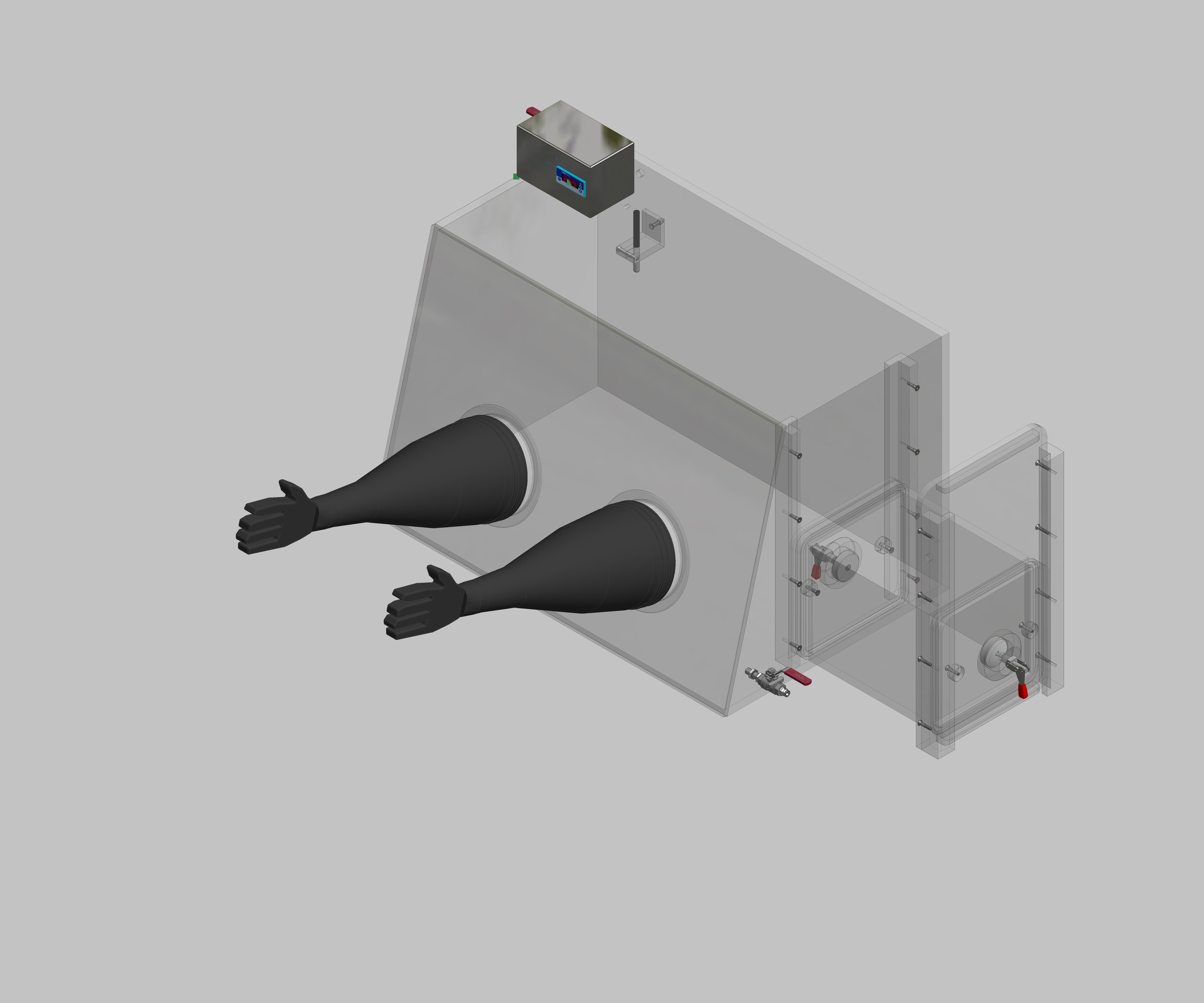 Glovebox aus Acryl> Gasbefüllung: Von Hand, Frontausführung: Standard, Seitenausführung: Rechteckschleuse Steuerung: Feuchteanzeige