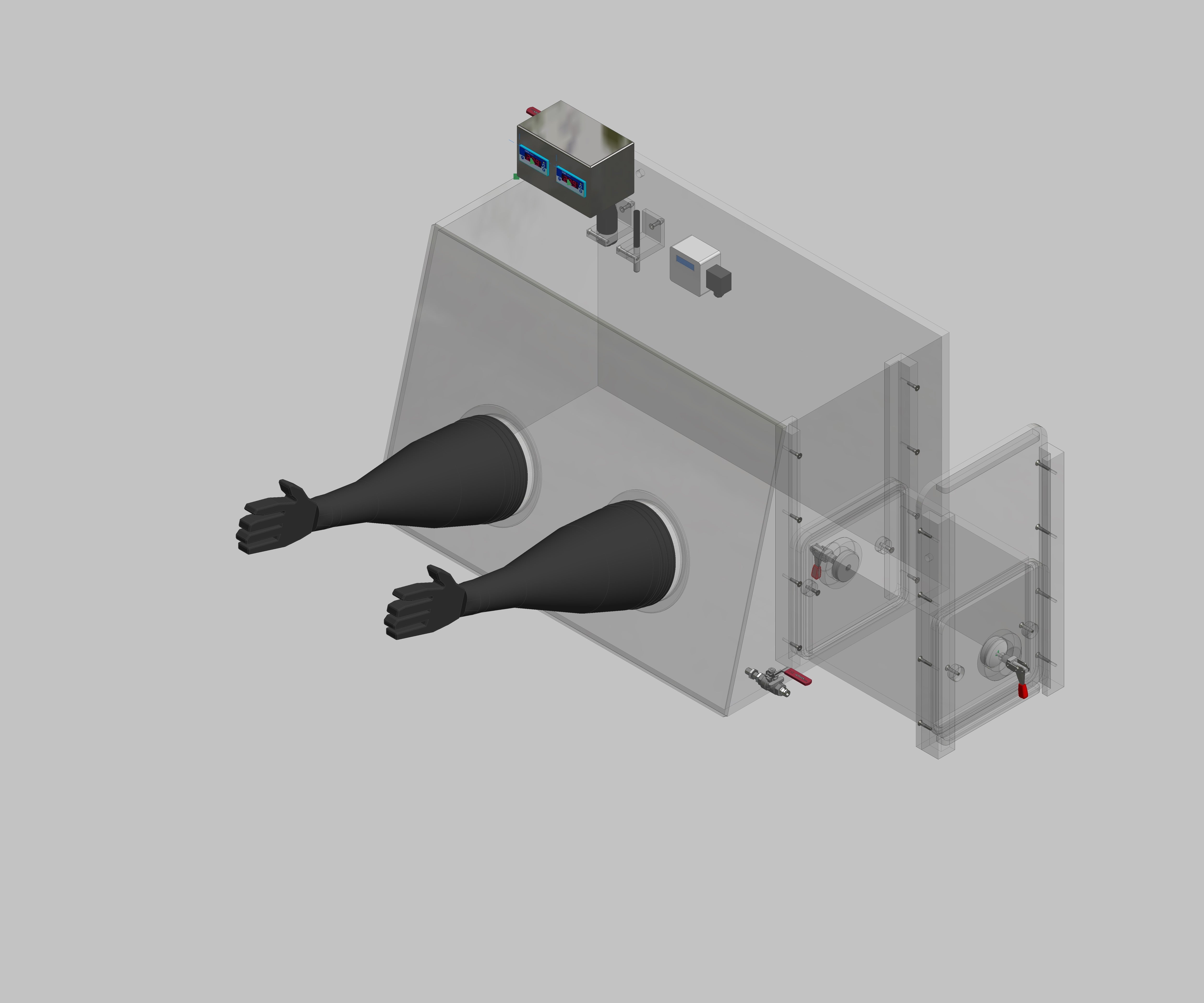 Glovebox aus Acryl> Gasbefüllung: Von Hand, Frontausführung: Standard, Seitenausführung: Rechteckschleuse Steuerung: Sauerstoff-und Feuchteanzeige