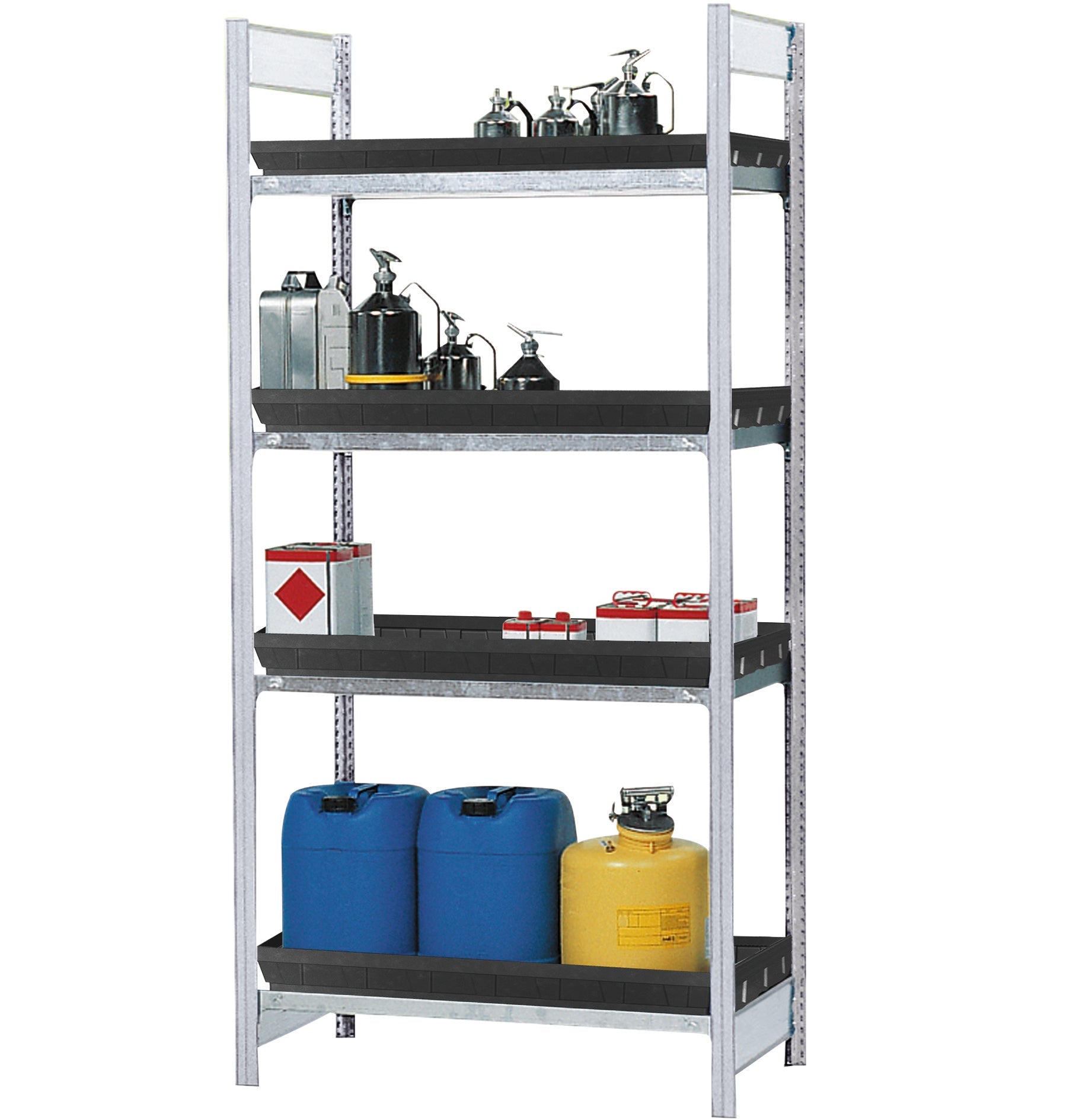 Gefahrstoffregal Typ RSW mit 4 Wannen (28 L) 1060x640x2000, Stahl verzinkt
