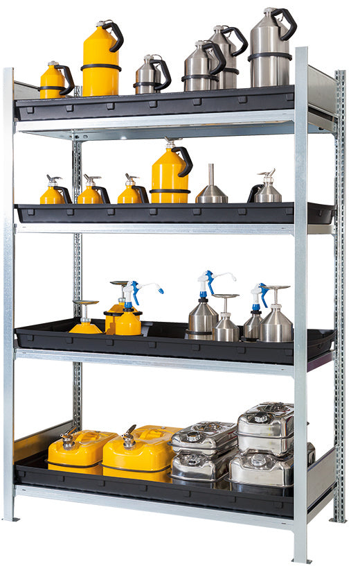 Gefahrstoffregal Typ RSW mit 4 Wannen (36 L) 1360x640x2000, Stahl verzinkt