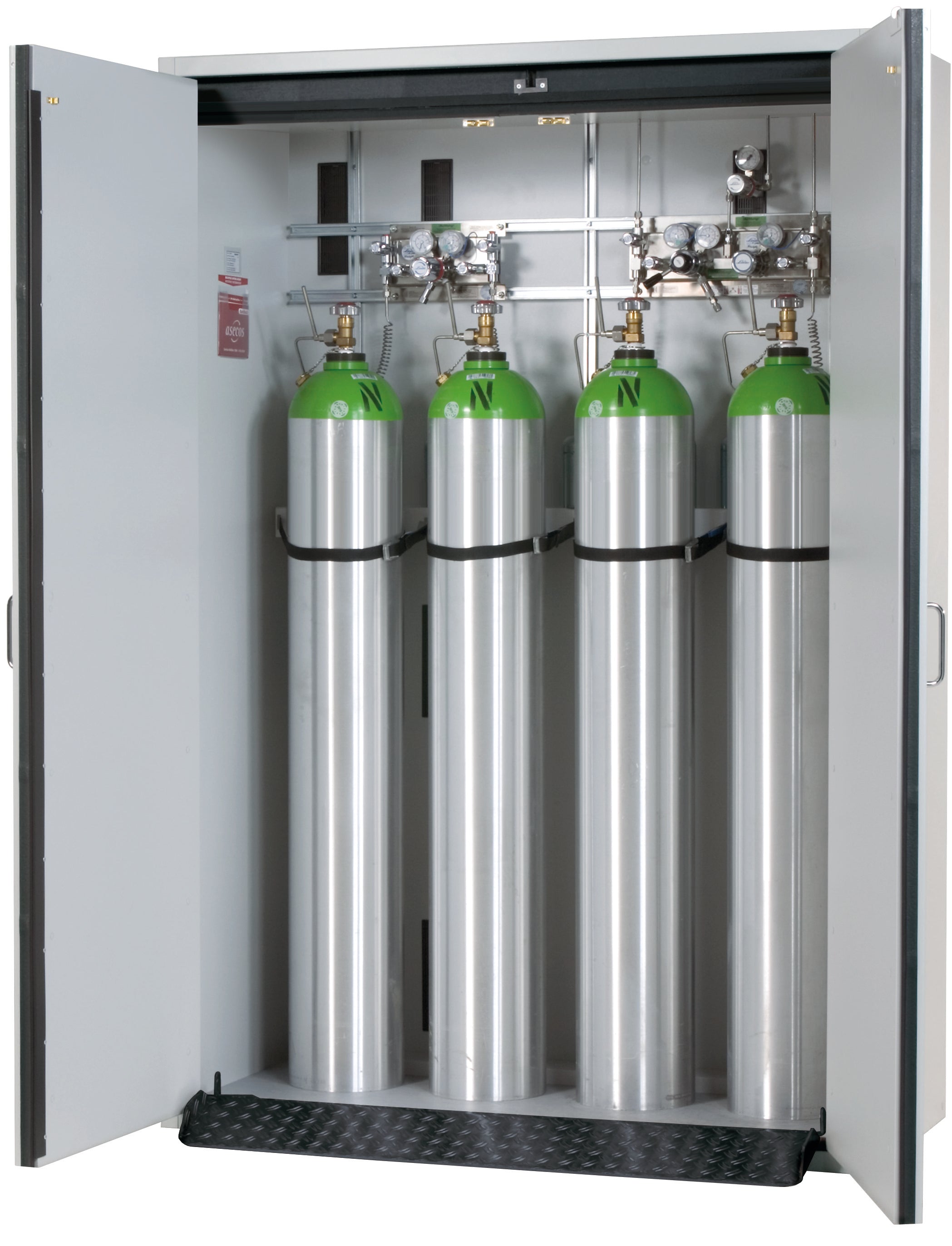 Type 30 compressed gas bottle cabinet G-CLASSIC-30 model G30.205.140 in light gray RAL 7035 with standard interior fittings for 4x compressed gas bottles of 50 liters each