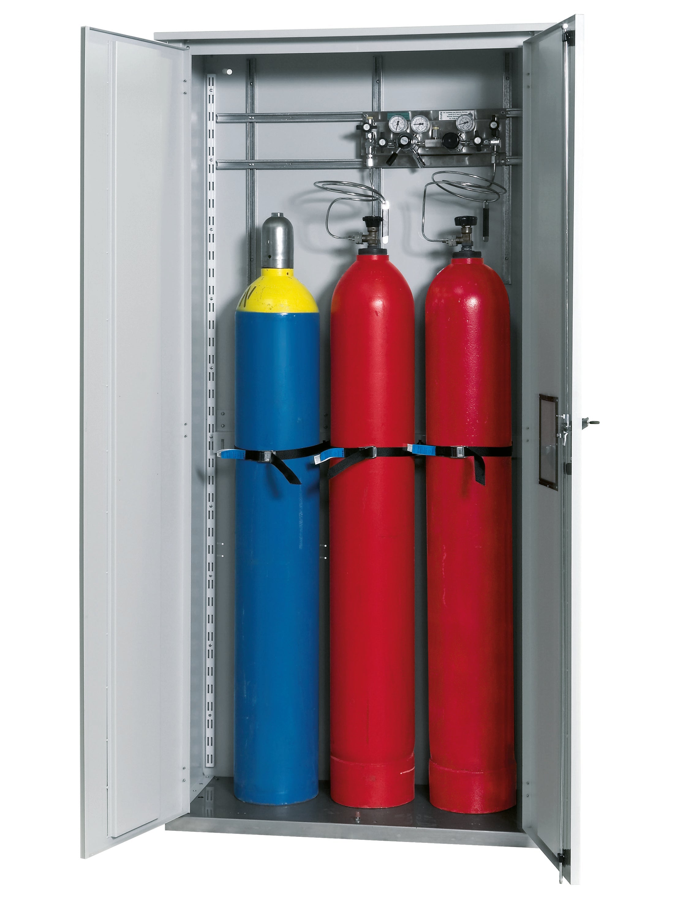 Compressed gas bottle cabinet G-OD model GOD.215.100 in light gray RAL 7035 with equipment package for 3x compressed gas bottles of 50 liters each