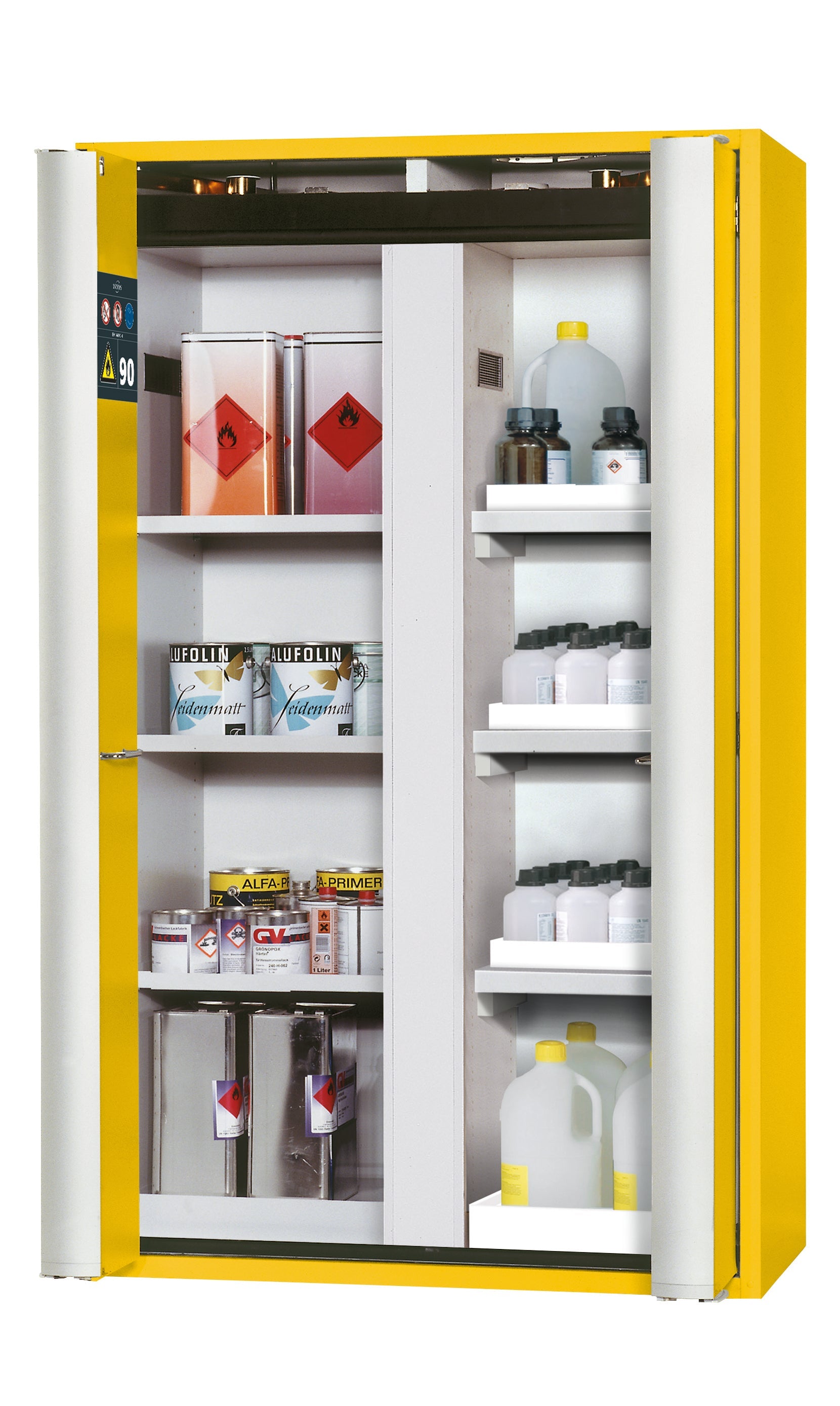 Type 90 safety cabinet S-PHOENIX-90 model S90.196.120.MV.FDAS in safety yellow RAL 1004 with 3x standard shelves (sheet steel)