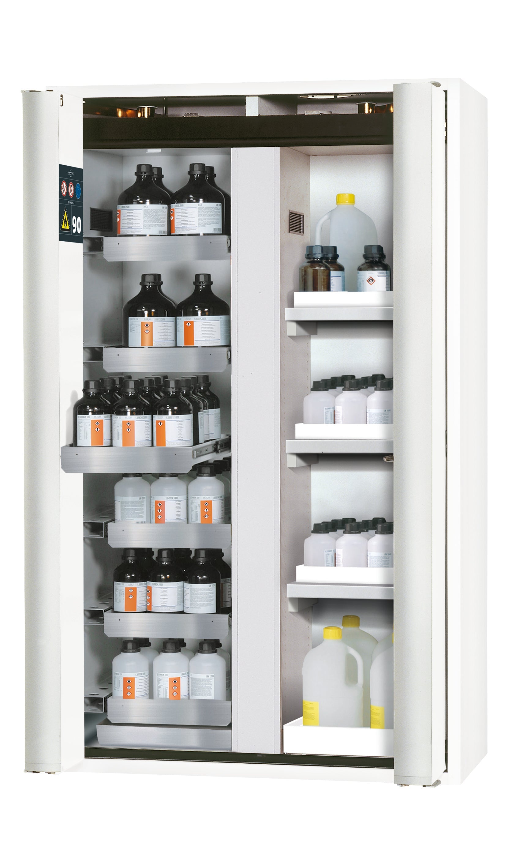 Typ 90 Sicherheitsschrank S-PHOENIX-90 Modell S90.196.120.MV.FDAS in laborweiss (ähnl. RAL 9016) mit 6x Auszugswanne Standard (Edelstahl 1.4301)