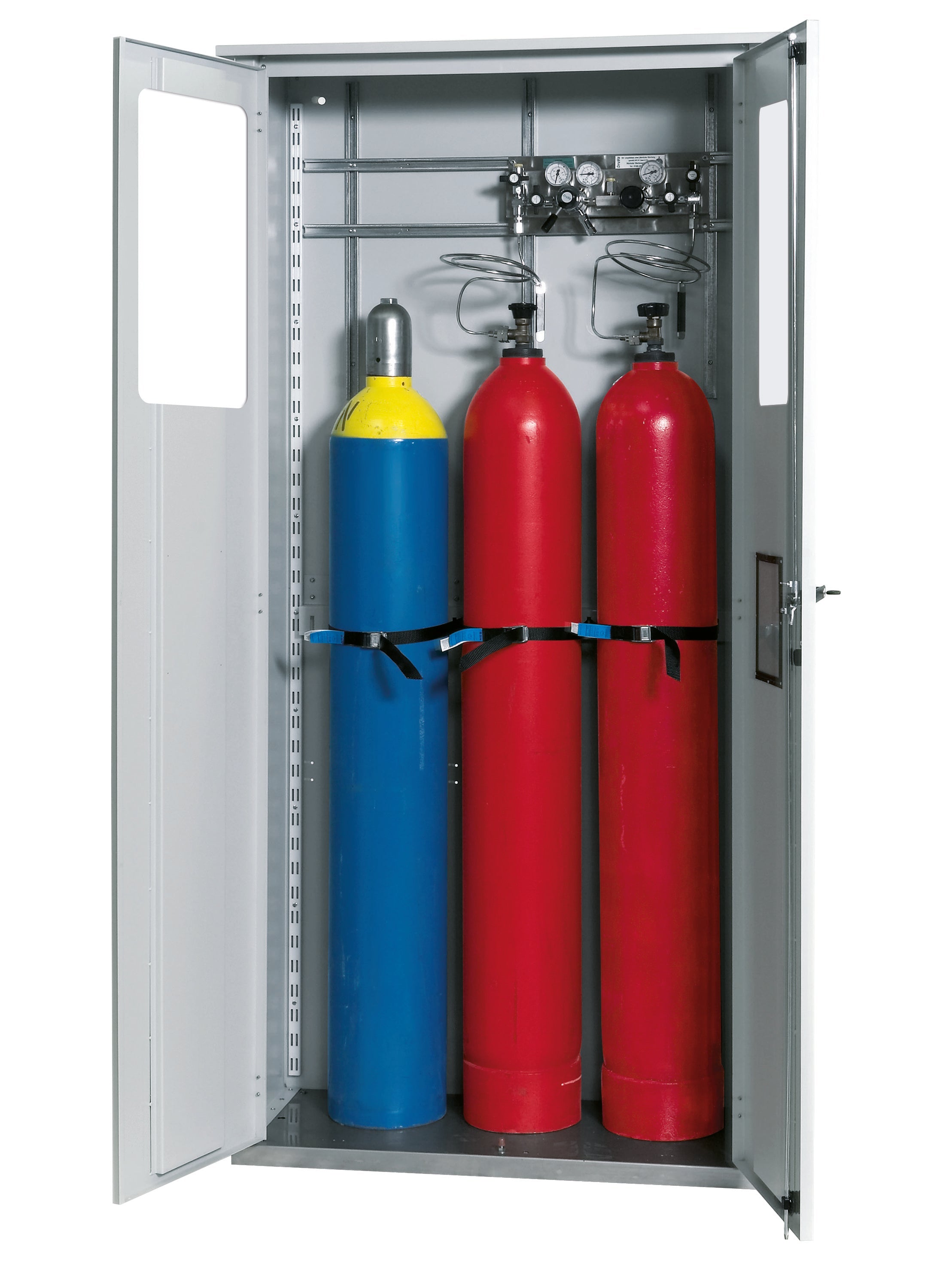 Druckgasflaschenschrank G-OD Modell GOD.215.100.WDHW in lichtgrau RAL 7035 mit klappbarem Fenster und Ausstattungspaket für 3x Druckgasflaschen à 50 Liter