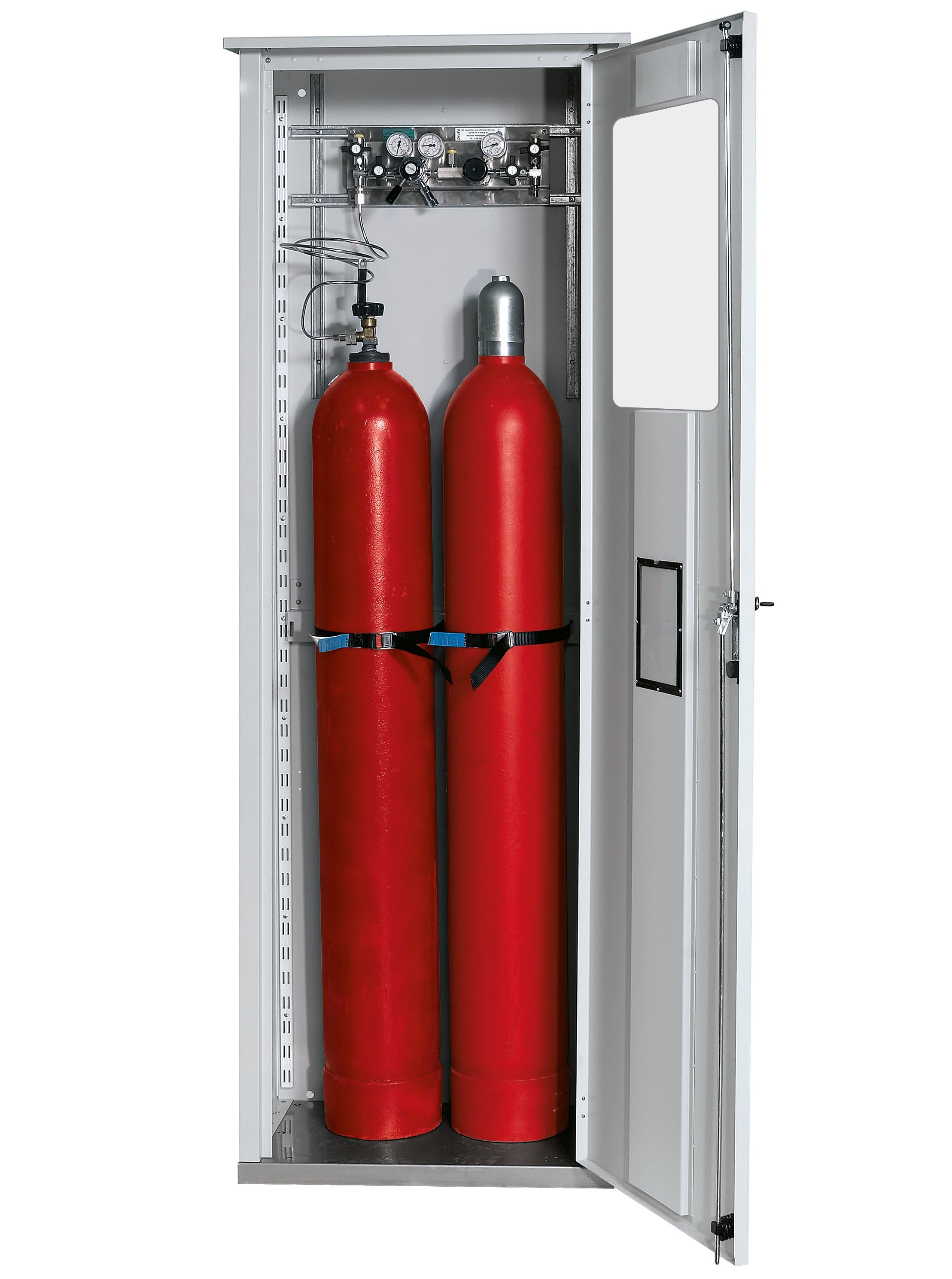 Druckgasflaschenschrank G-OD Modell GOD.215.070.WDFWR in lichtgrau RAL 7035 mit festem Fenster und Ausstattungspaket für 2x Druckgasflaschen à 50 Liter