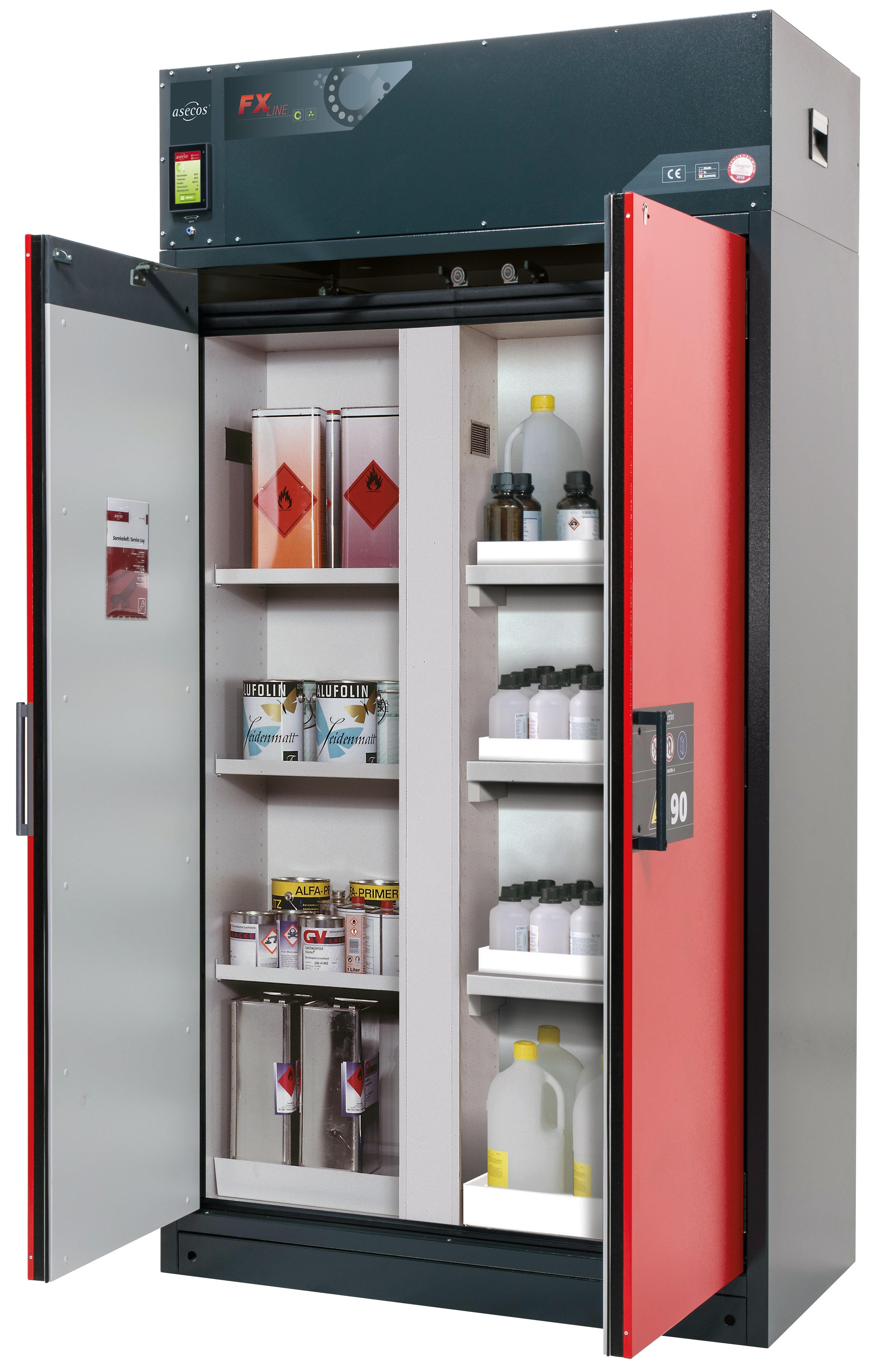 Type 90 recirculating air filter cabinet FX-CLASSIC-90 model FX90.229.120.MV in traffic red RAL 3020 with 3x standard shelves (sheet steel)