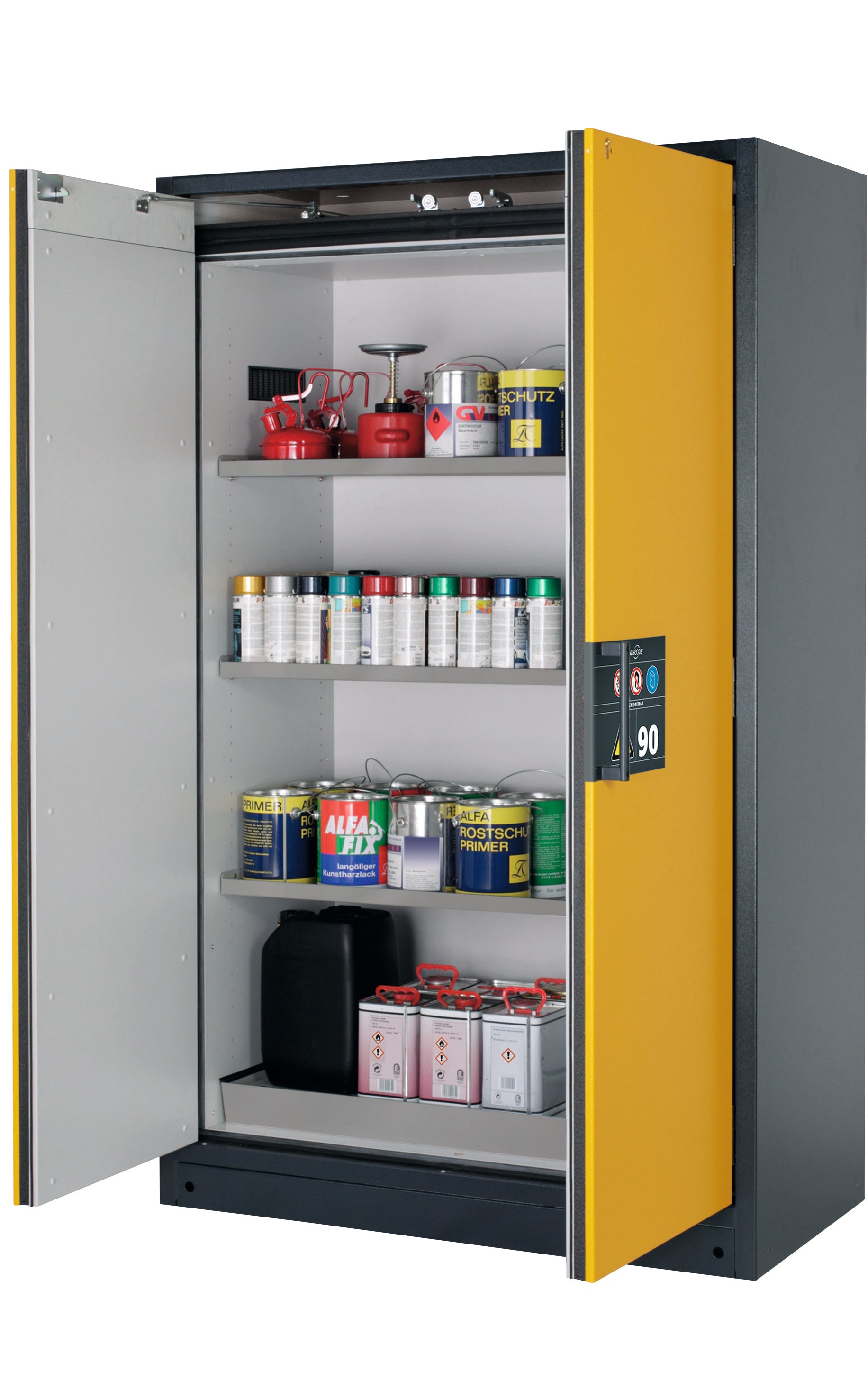 Typ 90 Sicherheitsschrank Q-CLASSIC-90 Modell Q90.195.120 in sicherheitsgelb RAL 1004 mit 3x Fachboden Standard (Edelstahl 1.4301)