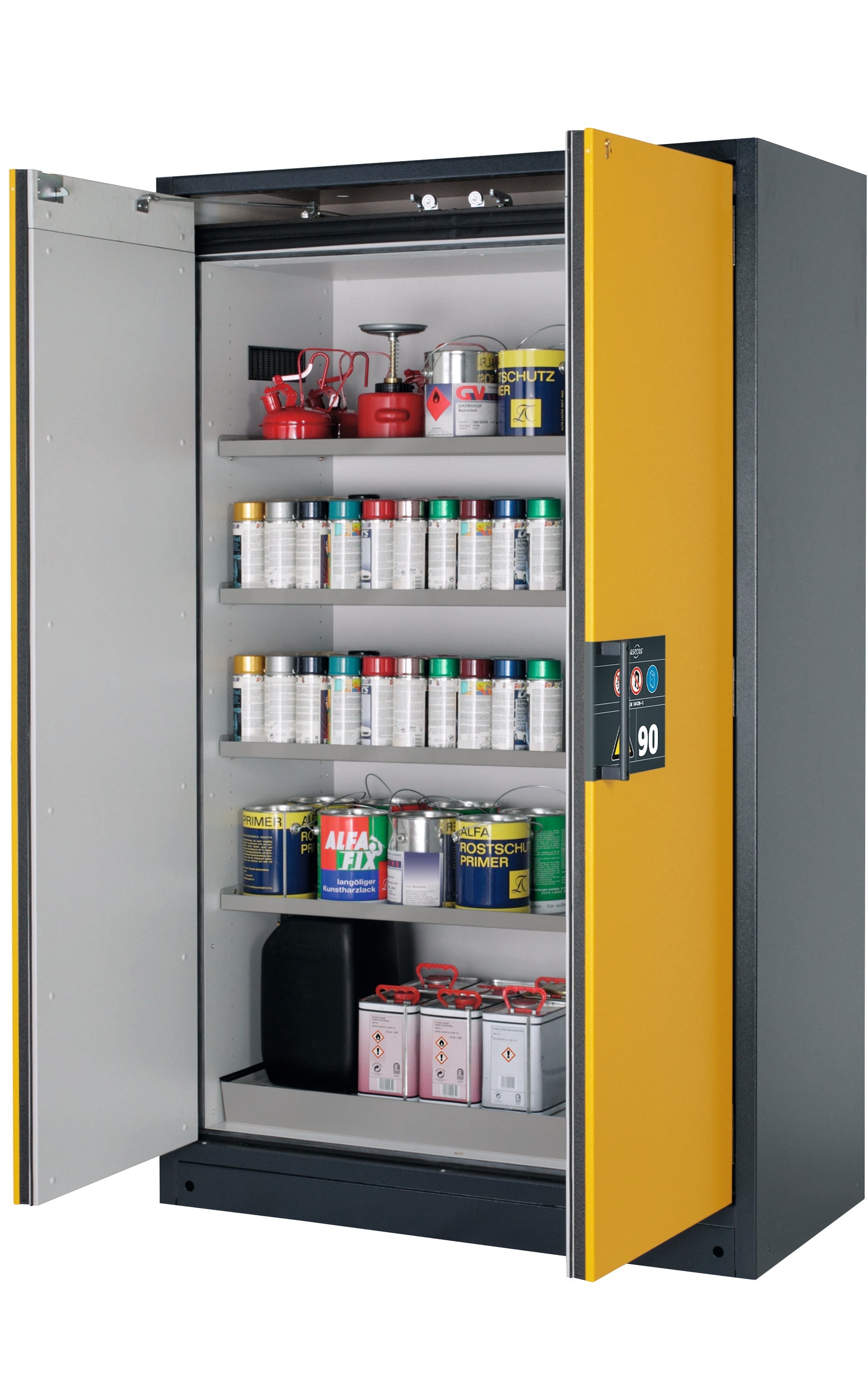 Typ 90 Sicherheitsschrank Q-CLASSIC-90 Modell Q90.195.120 in sicherheitsgelb RAL 1004 mit 4x Fachboden Standard (Edelstahl 1.4301)