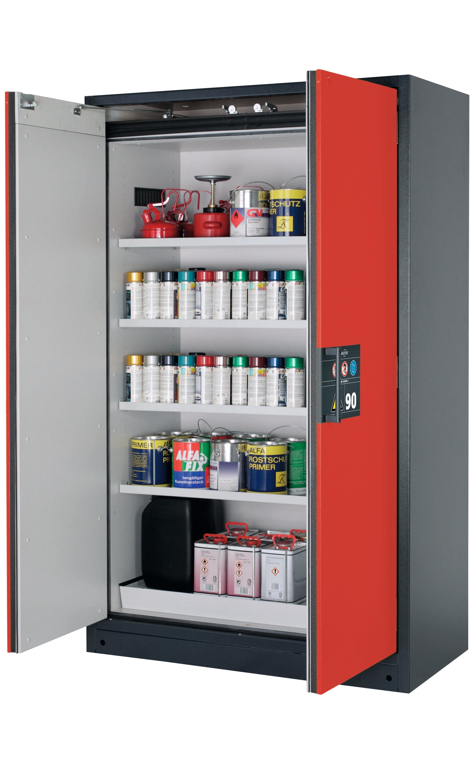 Typ 90 Sicherheitsschrank Q-CLASSIC-90 Modell Q90.195.120 in verkehrsrot RAL 3020 mit 4x Fachboden Standard (Stahlblech)