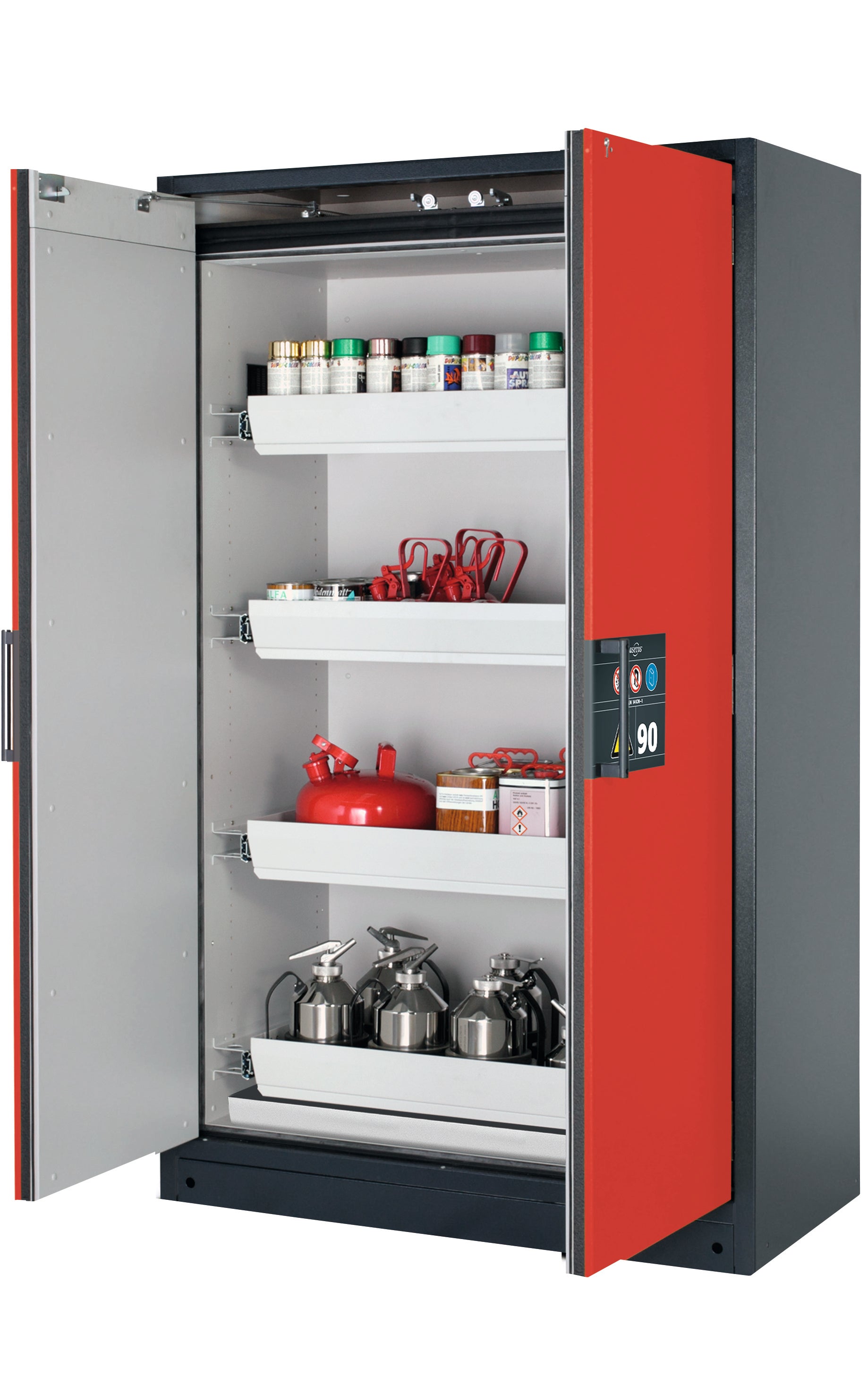 Typ 90 Sicherheitsschrank Q-CLASSIC-90 Modell Q90.195.120 in verkehrsrot RAL 3020 mit 4x Auszugswanne Standard (Stahlblech)