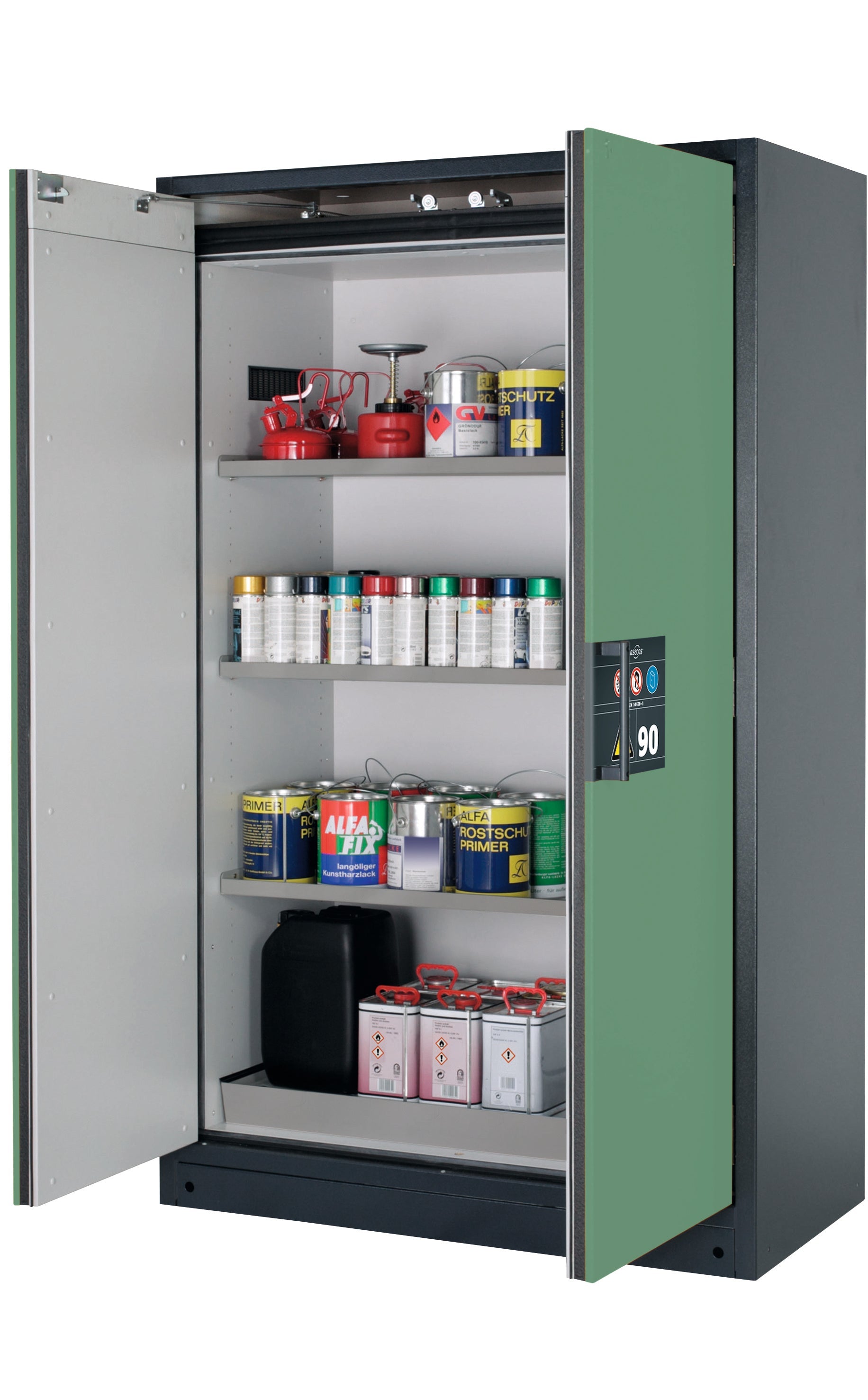 Typ 90 Sicherheitsschrank Q-CLASSIC-90 Modell Q90.195.120 in resedagrün RAL 6011 mit 3x Fachboden Standard (Edelstahl 1.4301)