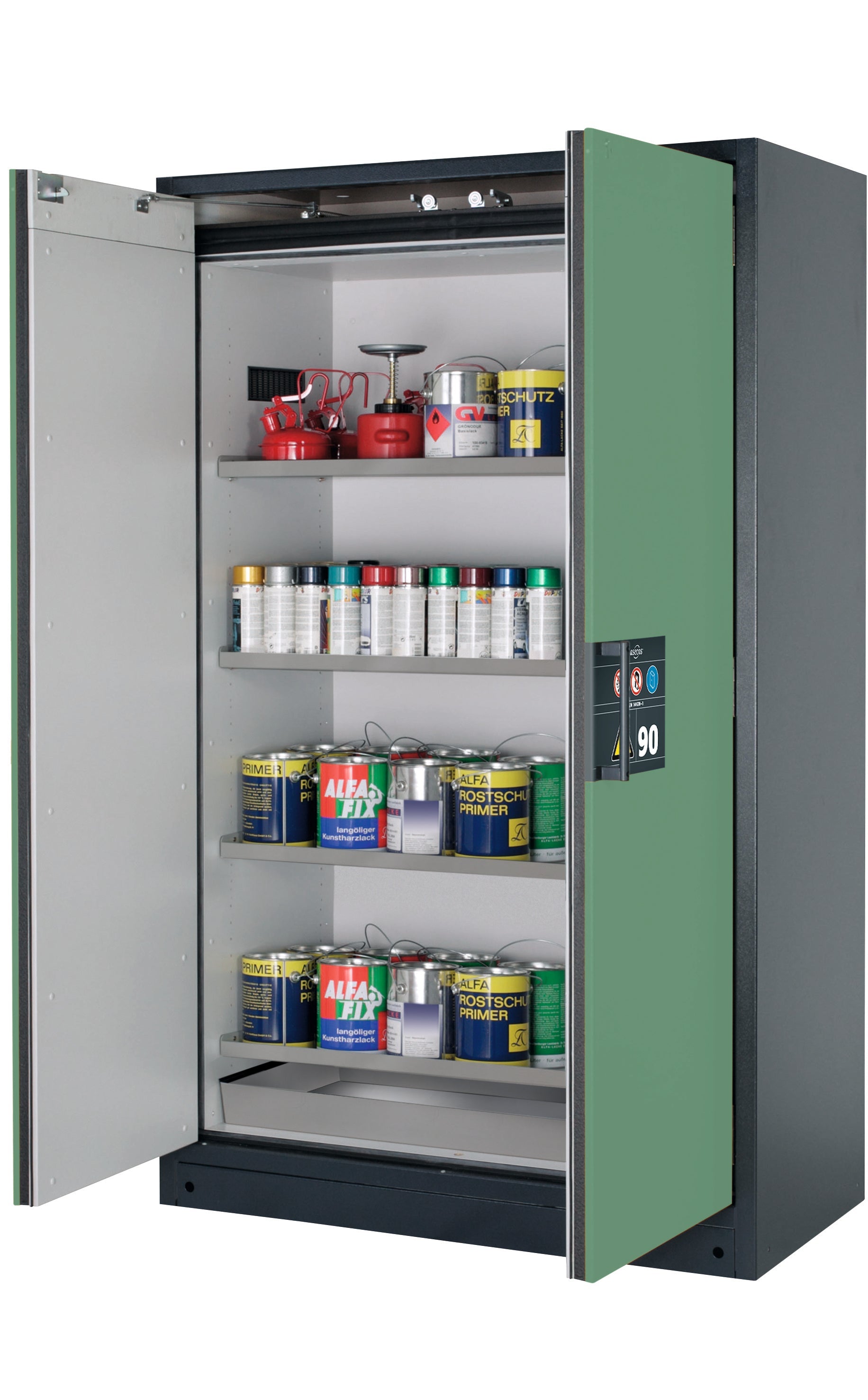 Typ 90 Sicherheitsschrank Q-CLASSIC-90 Modell Q90.195.120 in resedagrün RAL 6011 mit 4x Fachboden Standard (Edelstahl 1.4301)