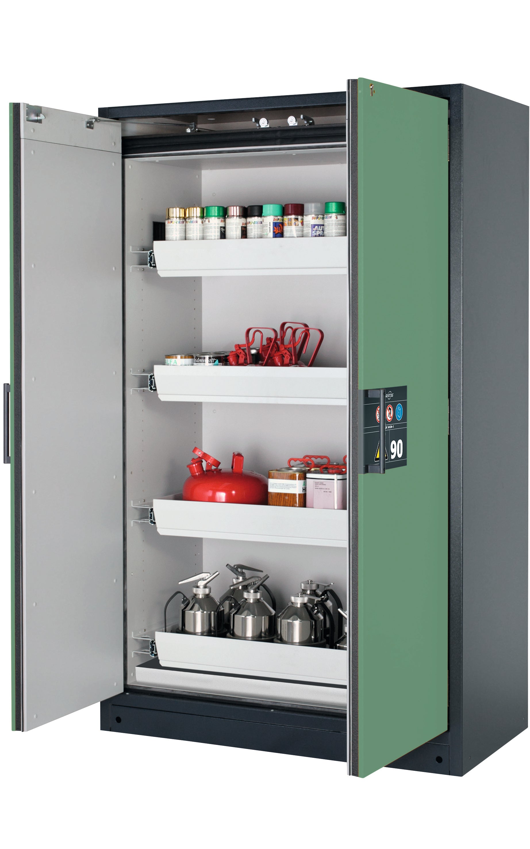 Typ 90 Sicherheitsschrank Q-CLASSIC-90 Modell Q90.195.120 in resedagrün RAL 6011 mit 4x Auszugswanne Standard (Stahlblech)