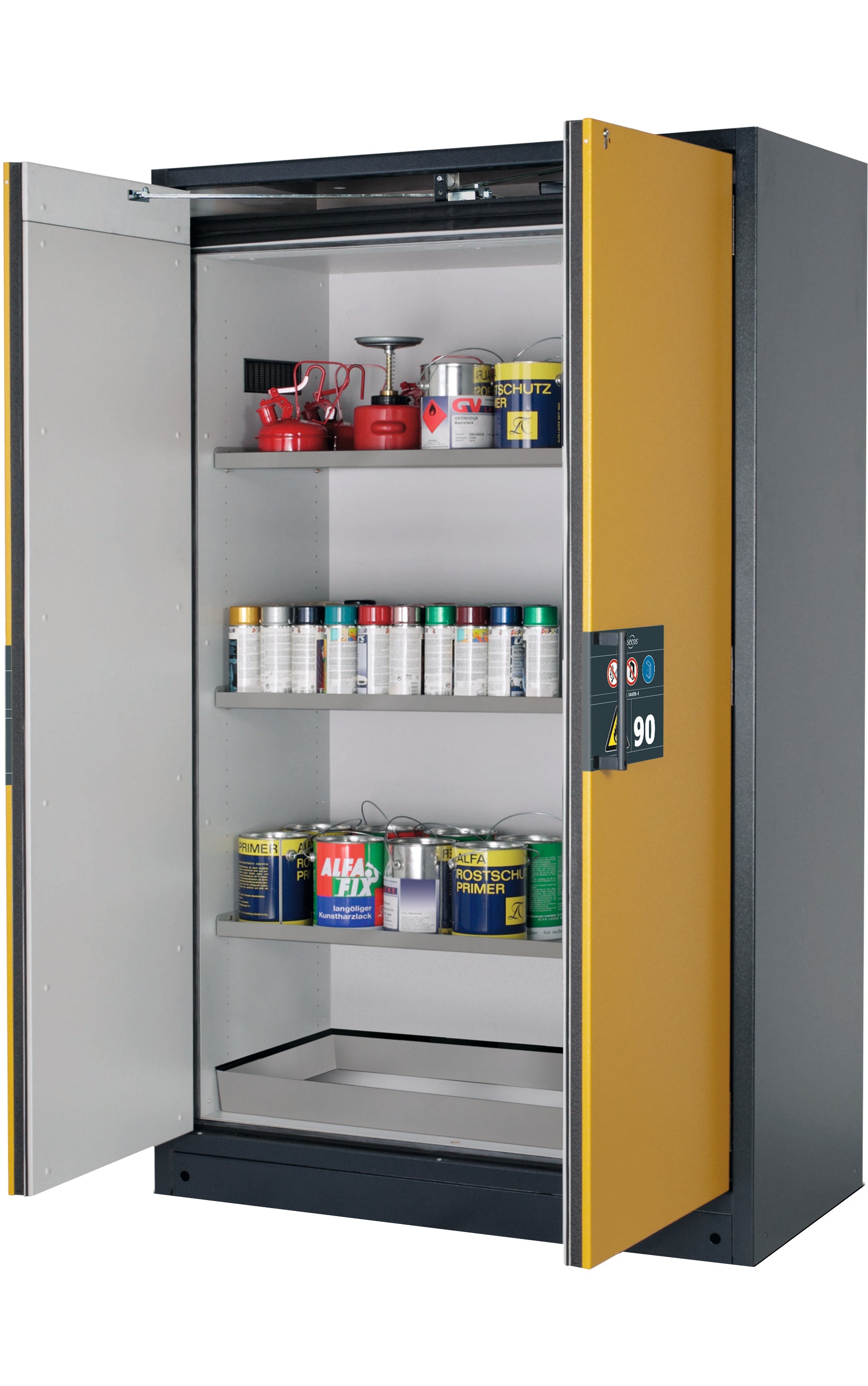 Type 90 Armoires de sécurité Q-PEGASUS modèle Q90.195.120.WDAC en or jaune RAL 1004 avec 3x étagères standard (acier inoxydable 1.4301)