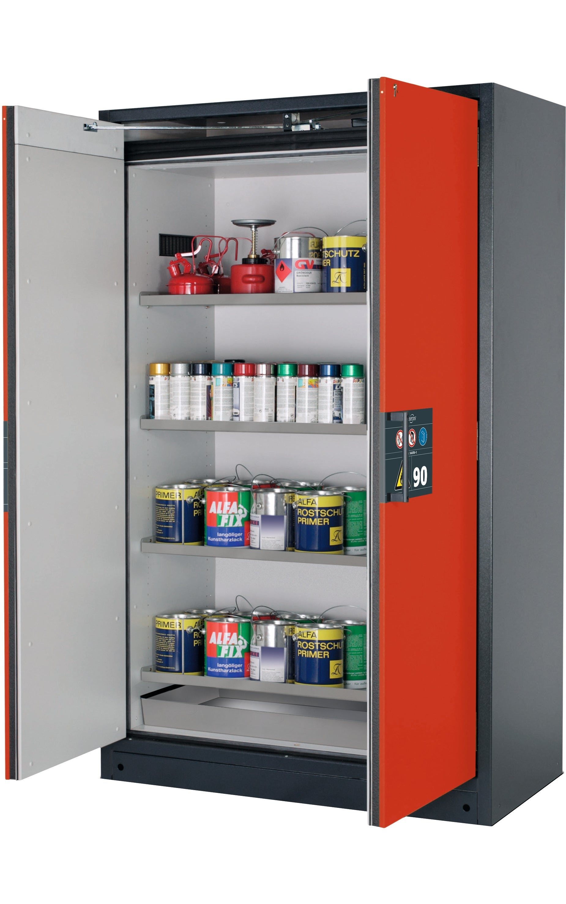 Type 90 Armoires de sécurité Q-PEGASUS modèle Q90.195.120.WDAC en rouge trafic RAL 3020 avec 4x étagères standard (acier inoxydable 1.4301)