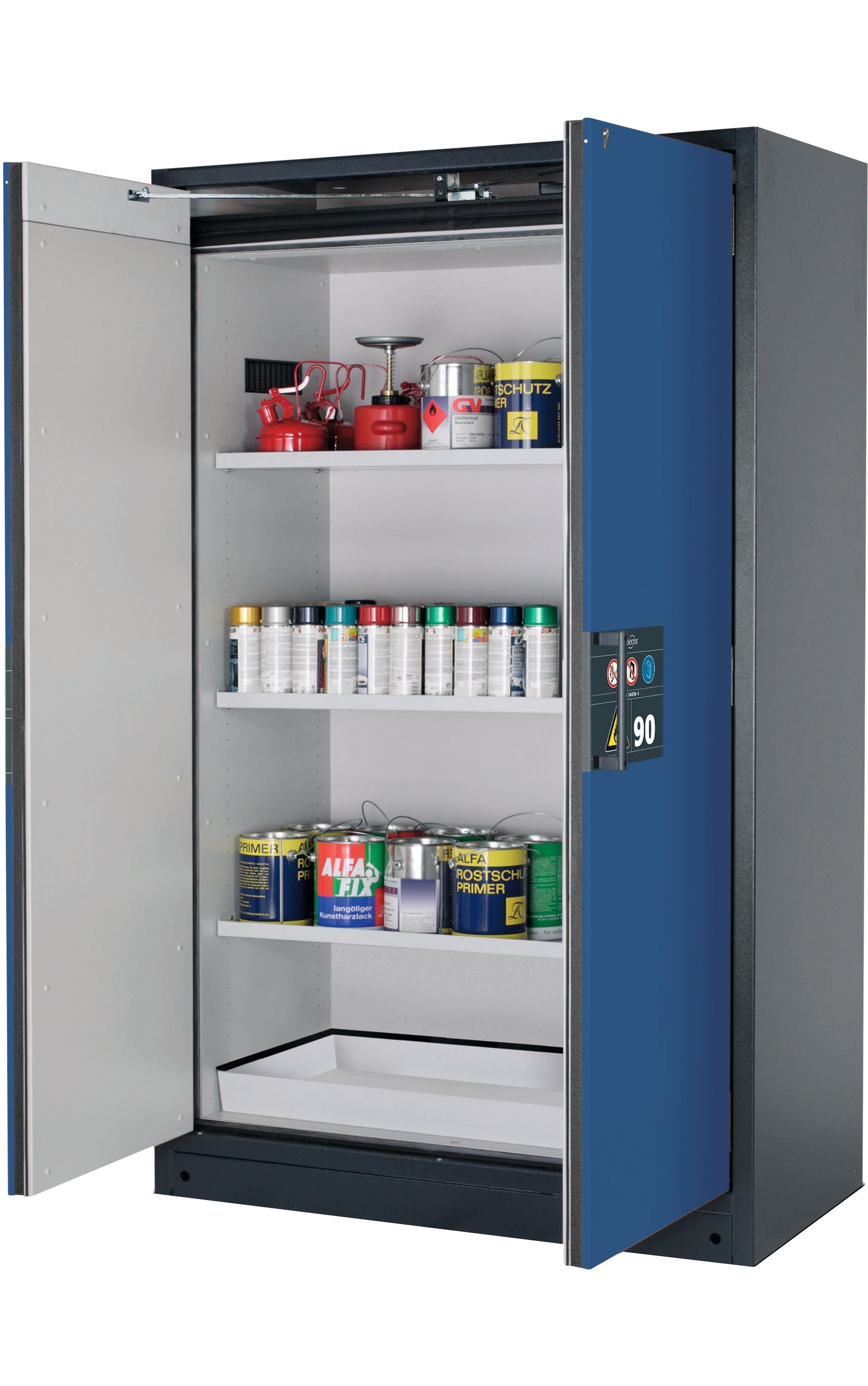 Typ 90 Sicherheitsschrank Q-PEGASUS-90 Modell Q90.195.120.WDAC in enzianblau RAL 5010 mit 3x Fachboden Standard (Stahlblech)