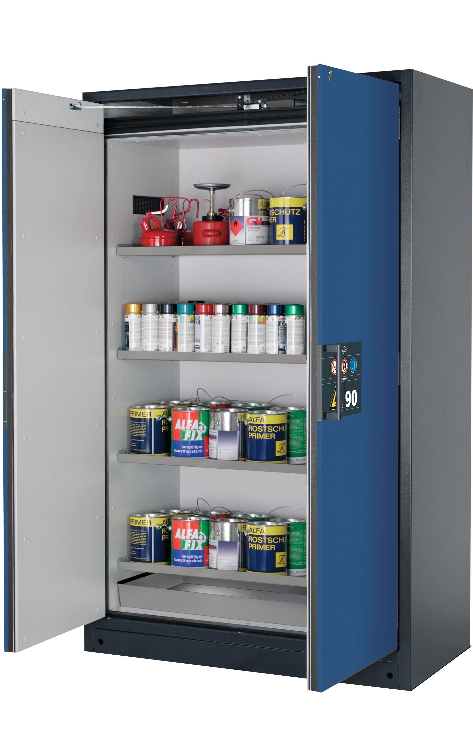 Typ 90 Sicherheitsschrank Q-PEGASUS-90 Modell Q90.195.120.WDAC in enzianblau RAL 5010 mit 4x Fachboden Standard (Edelstahl 1.4301)