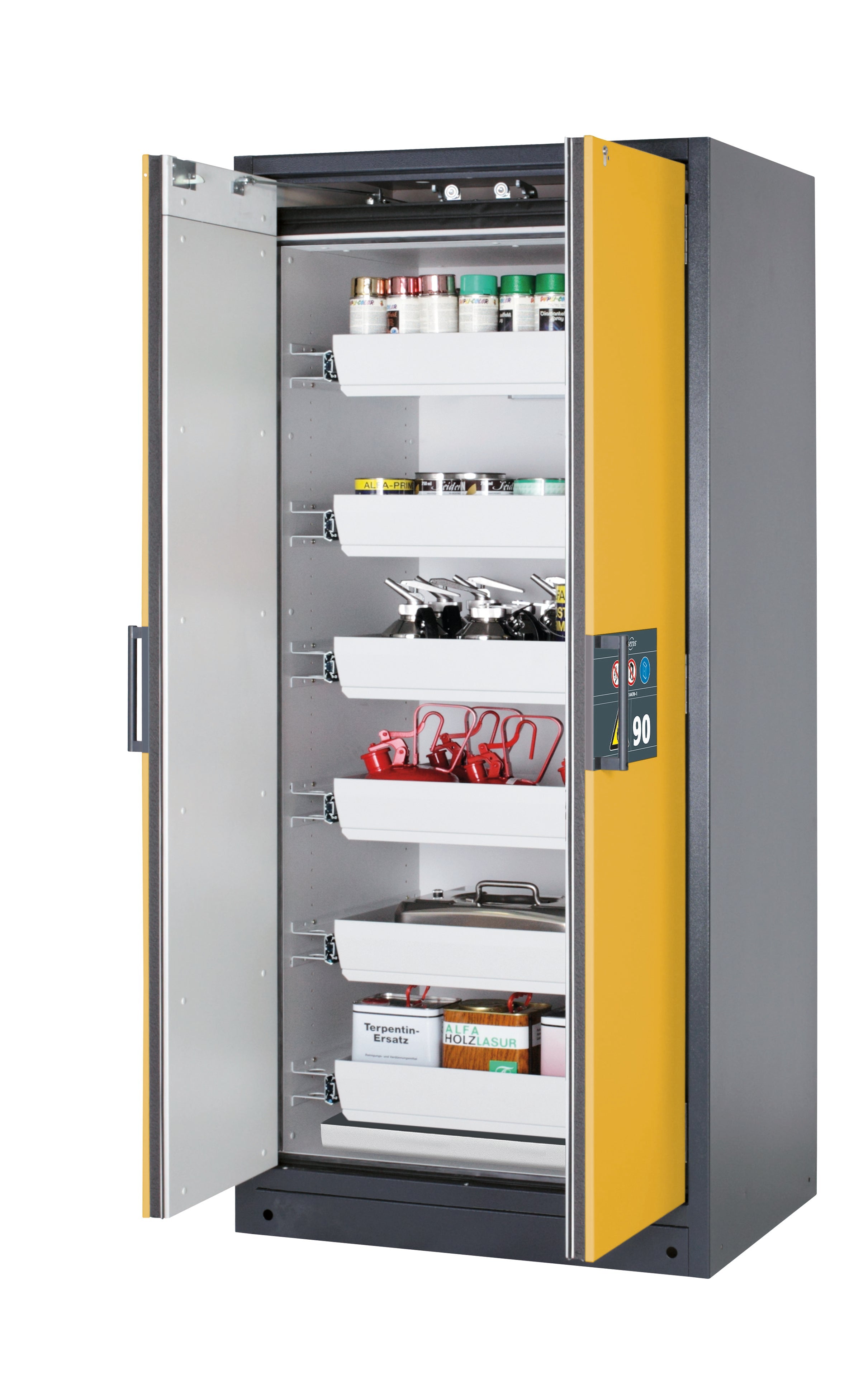 Type 90 safety storage cabinet Q-CLASSIC-90 model Q90.195.090 in warning yellow RAL 1004 with 6x drawer (standard) (sheet steel),