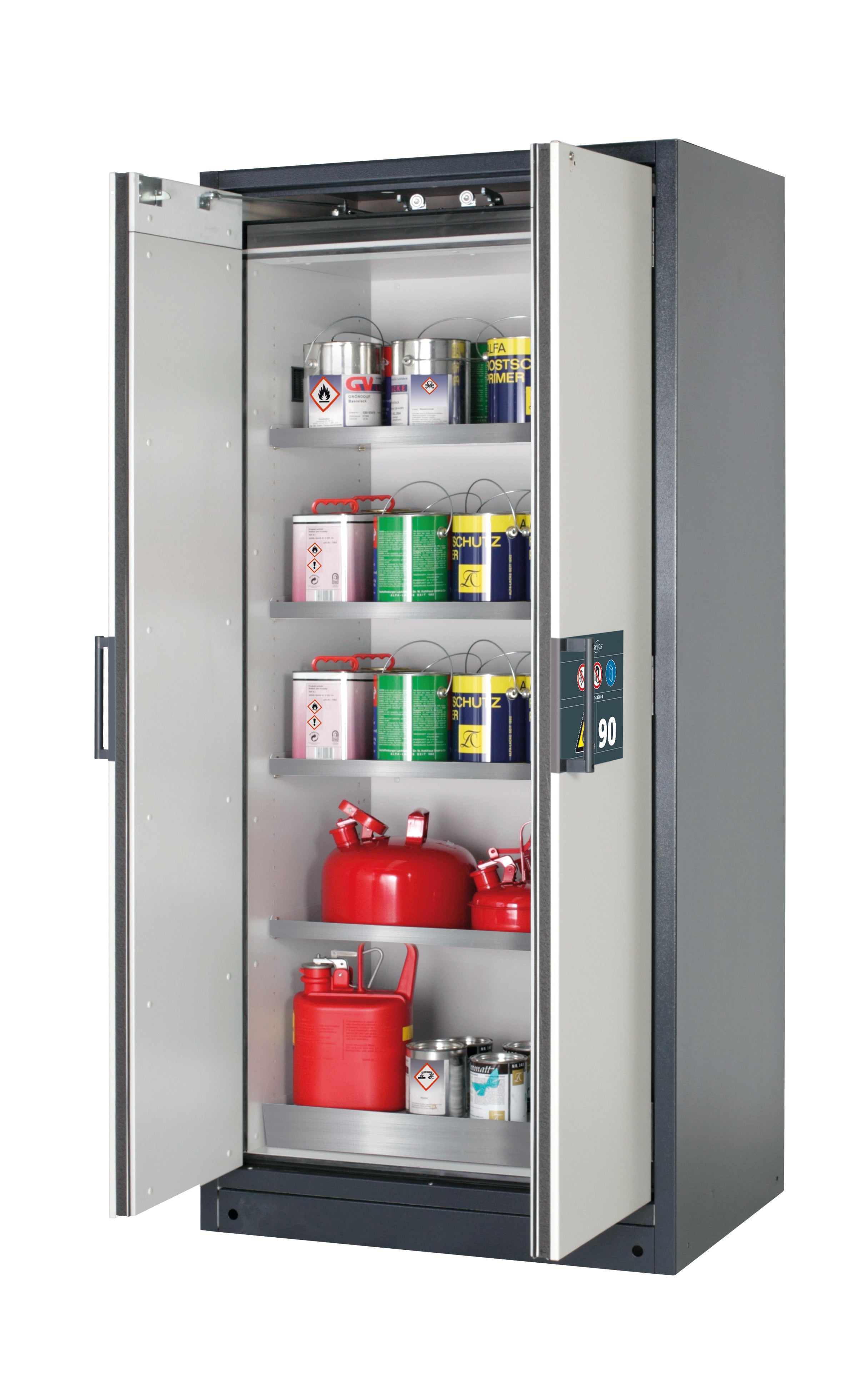 Type 90 safety storage cabinet Q-CLASSIC-90 model Q90.195.090 in light grey RAL 7035 with 4x shelf standard (stainless steel 1.4301),