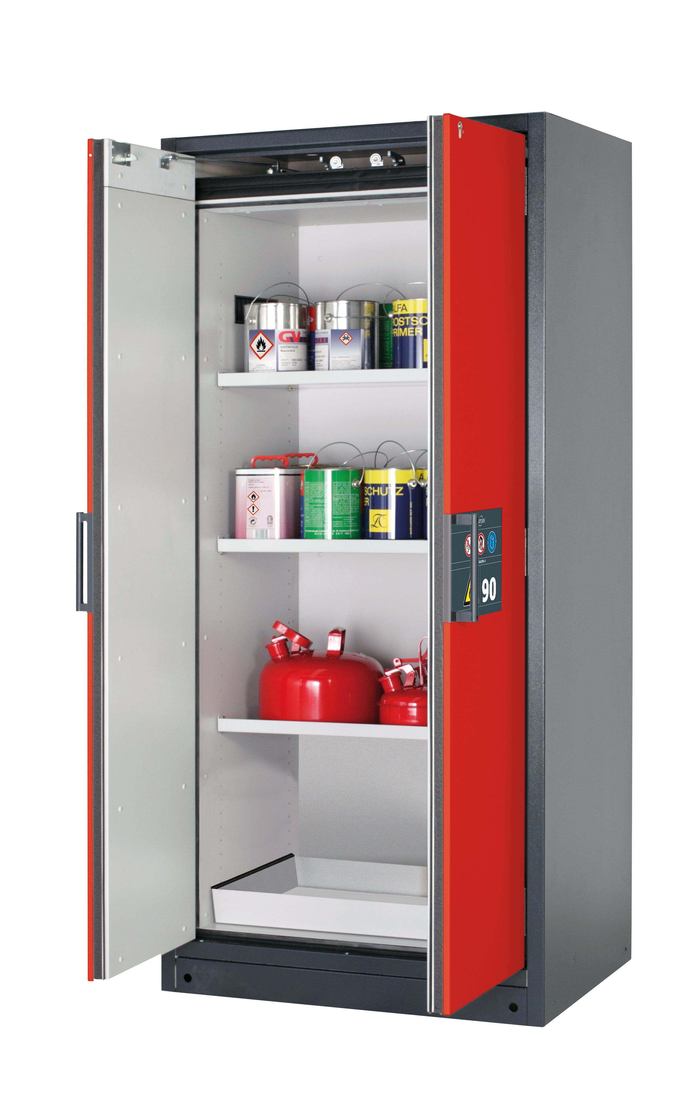 Type 90 safety storage cabinet Q-CLASSIC-90 model Q90.195.090 in traffic red RAL 3020 with 3x shelf standard (sheet steel),