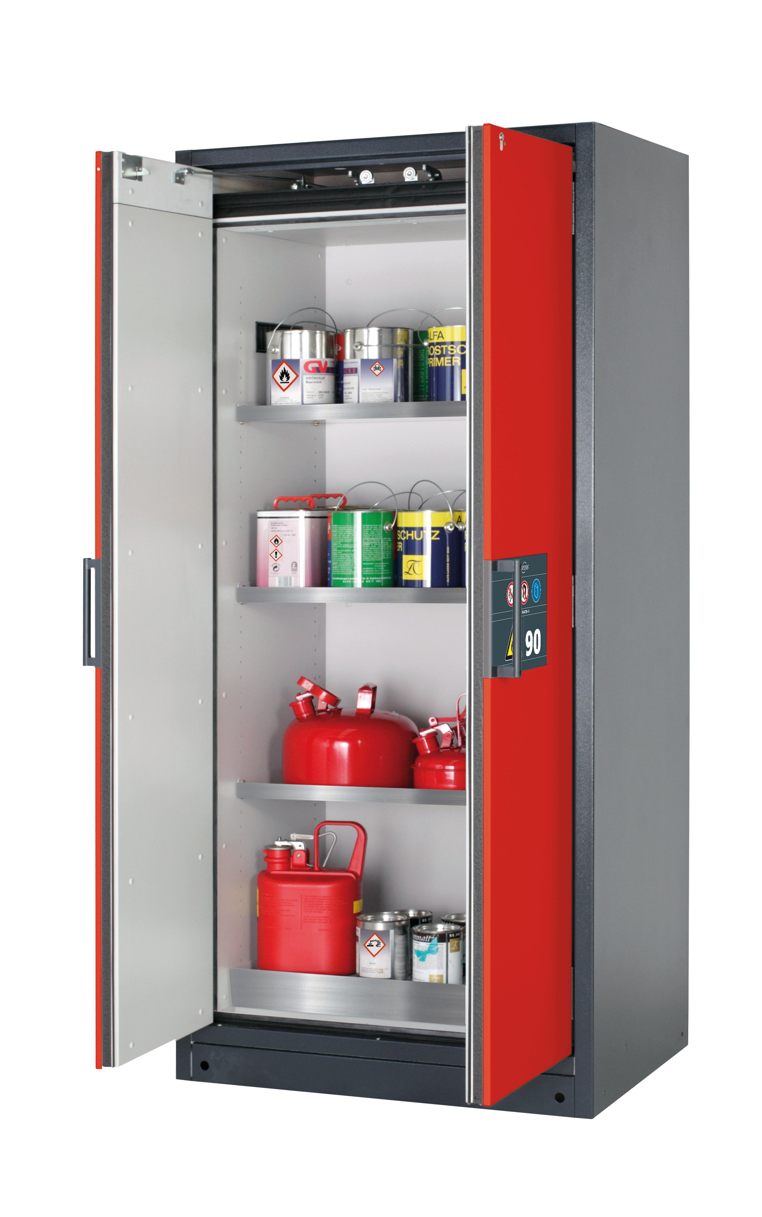 Type 90 safety storage cabinet Q-CLASSIC-90 model Q90.195.090 in traffic red RAL 3020 with 3x shelf standard (stainless steel 1.4301),