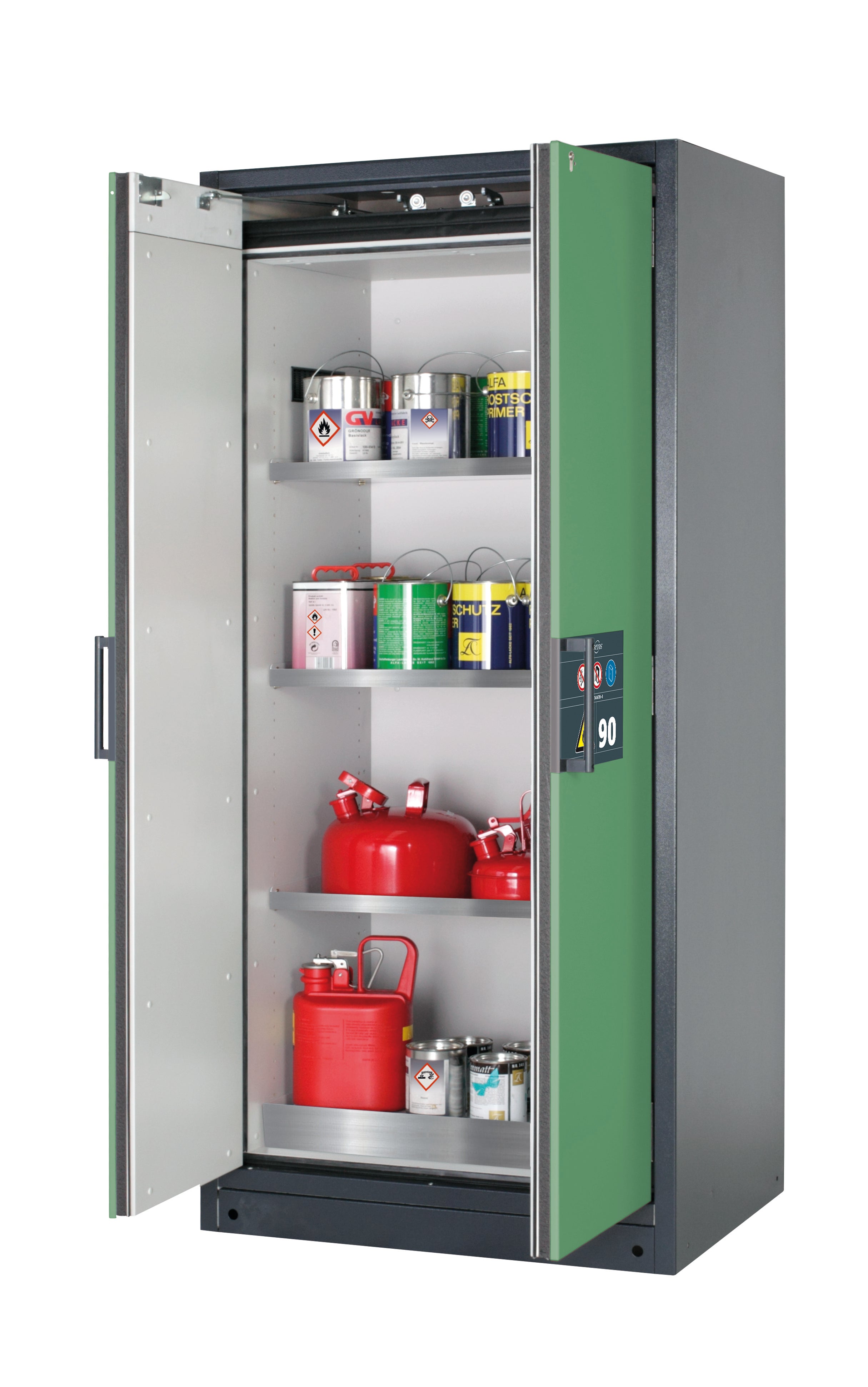 Type 90 safety storage cabinet Q-CLASSIC-90 model Q90.195.090 in reseda green RAL 6011 with 3x shelf standard (stainless steel 1.4301),