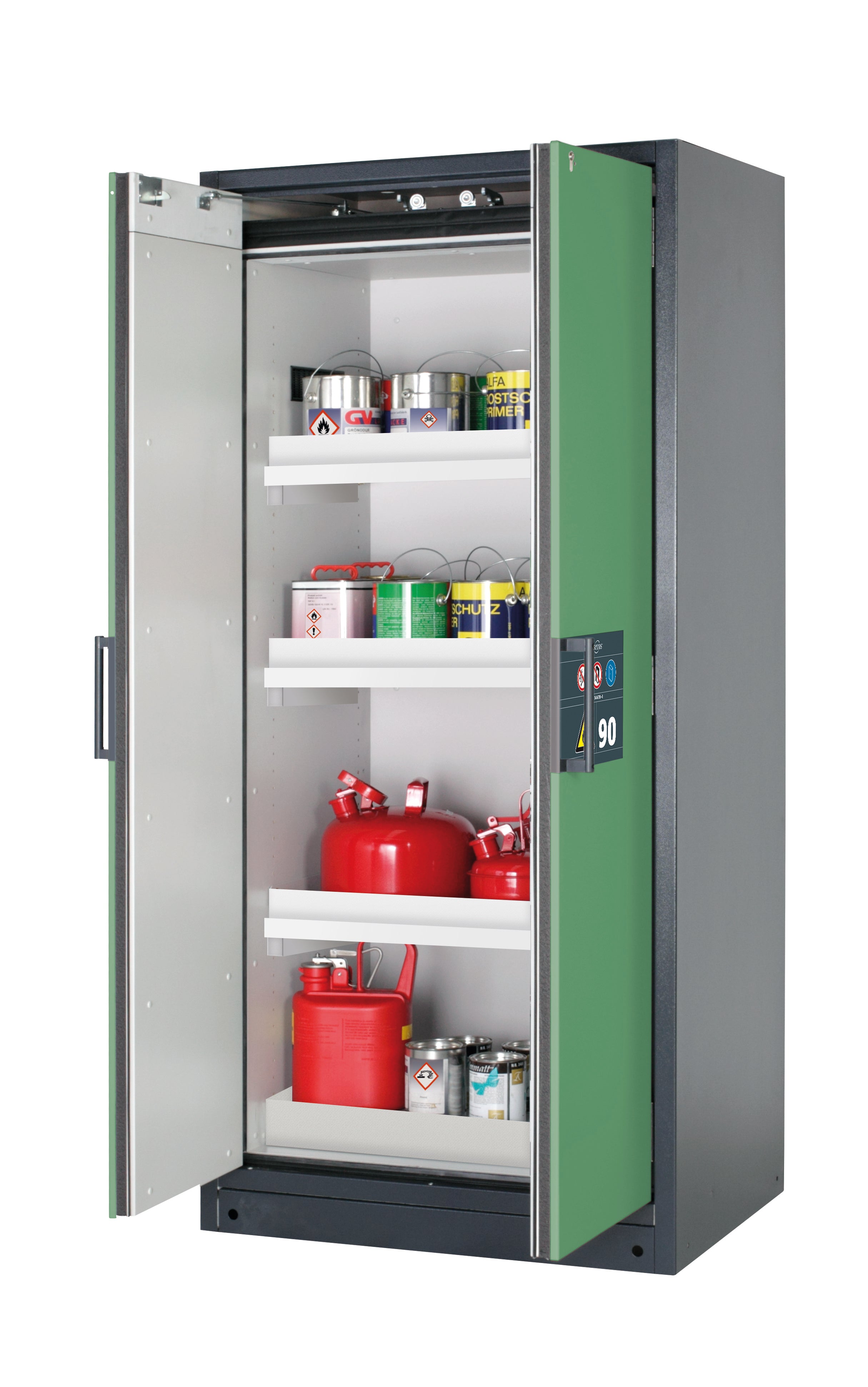 Type 90 safety storage cabinet Q-CLASSIC-90 model Q90.195.090 in reseda green RAL 6011 with 3x tray shelf (standard) (polypropylene),