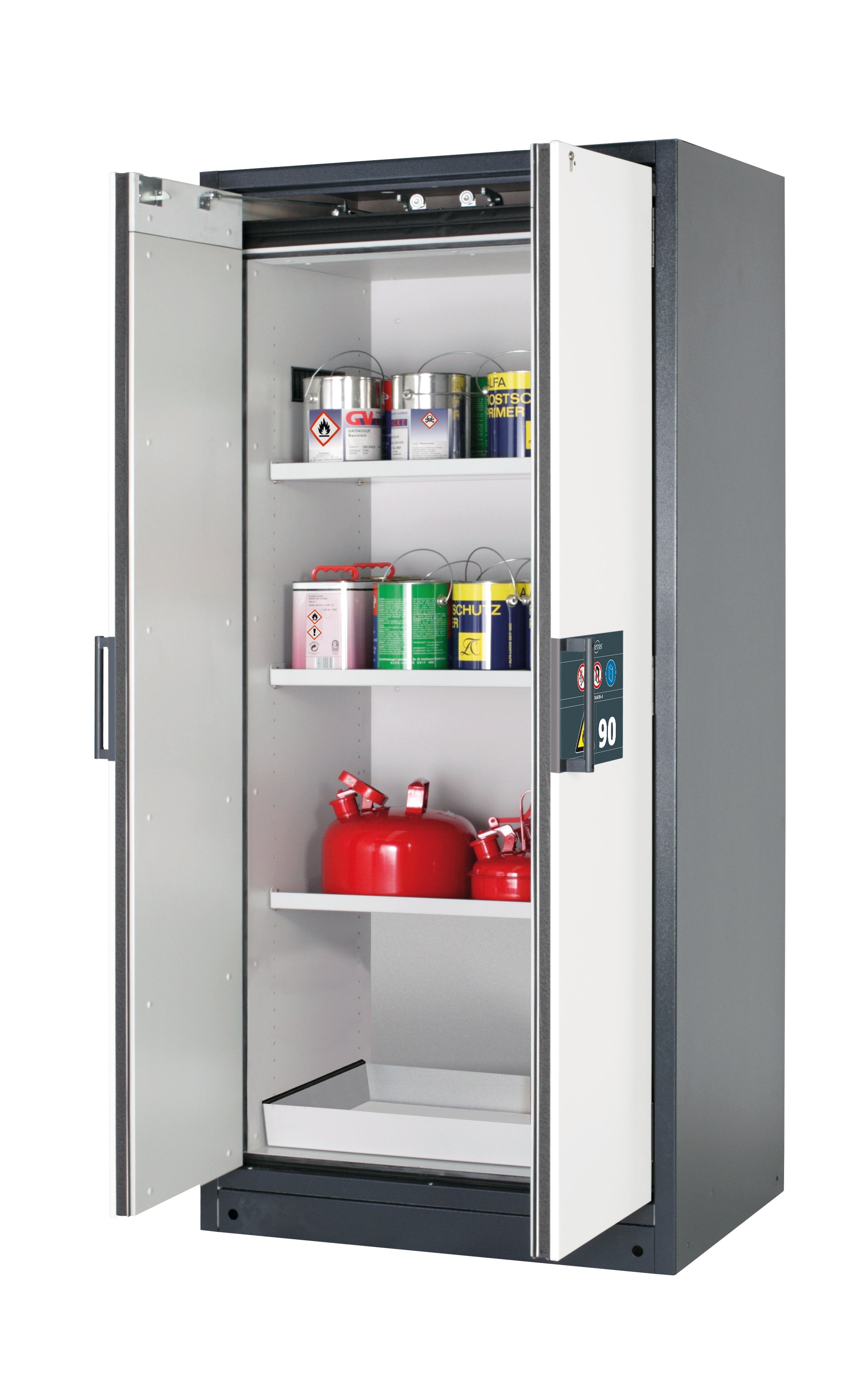 Type 90 safety storage cabinet Q-CLASSIC-90 model Q90.195.090 in pure white RAL 9010 with 3x shelf standard (sheet steel),