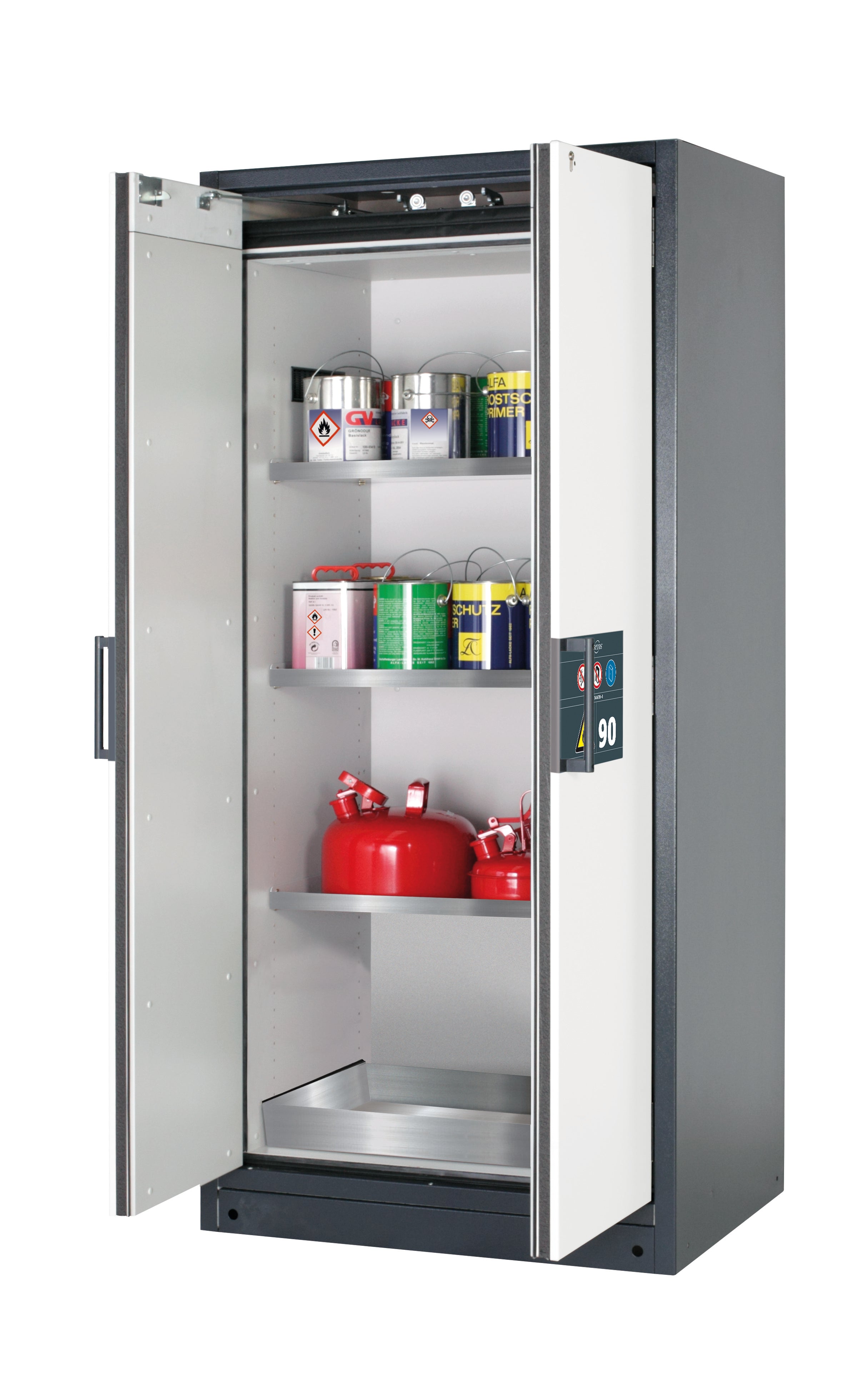 Type 90 safety storage cabinet Q-CLASSIC-90 model Q90.195.090 in pure white RAL 9010 with 3x shelf standard (stainless steel 1.4301),
