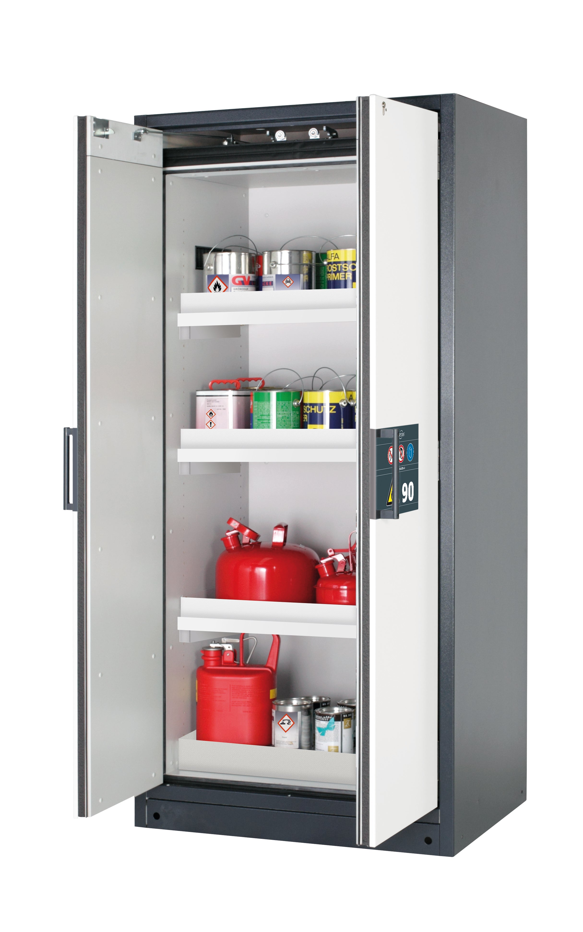 Type 90 safety storage cabinet Q-CLASSIC-90 model Q90.195.090 in pure white RAL 9010 with 3x tray shelf (standard) (polypropylene),