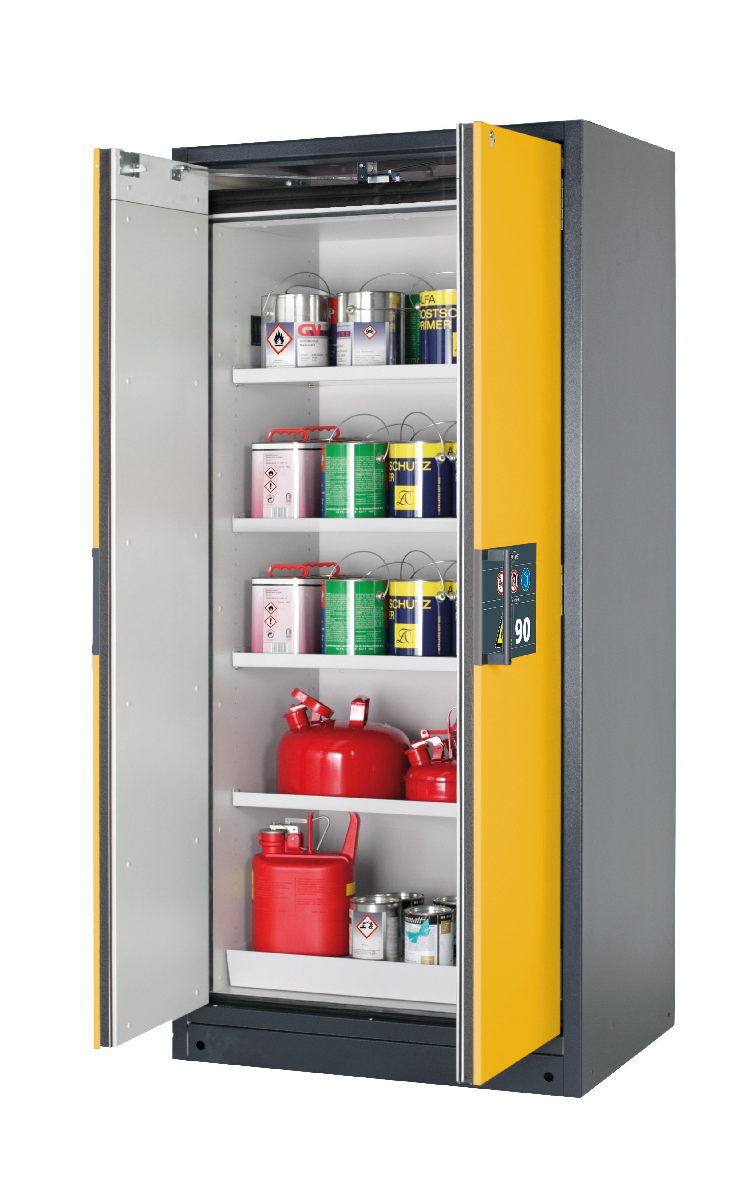 Typ 90 Sicherheitsschrank Q-PEGASUS-90 Modell Q90.195.090.WDAC in sicherheitsgelb RAL 1004 mit 4x Fachboden Standard (Stahlblech)