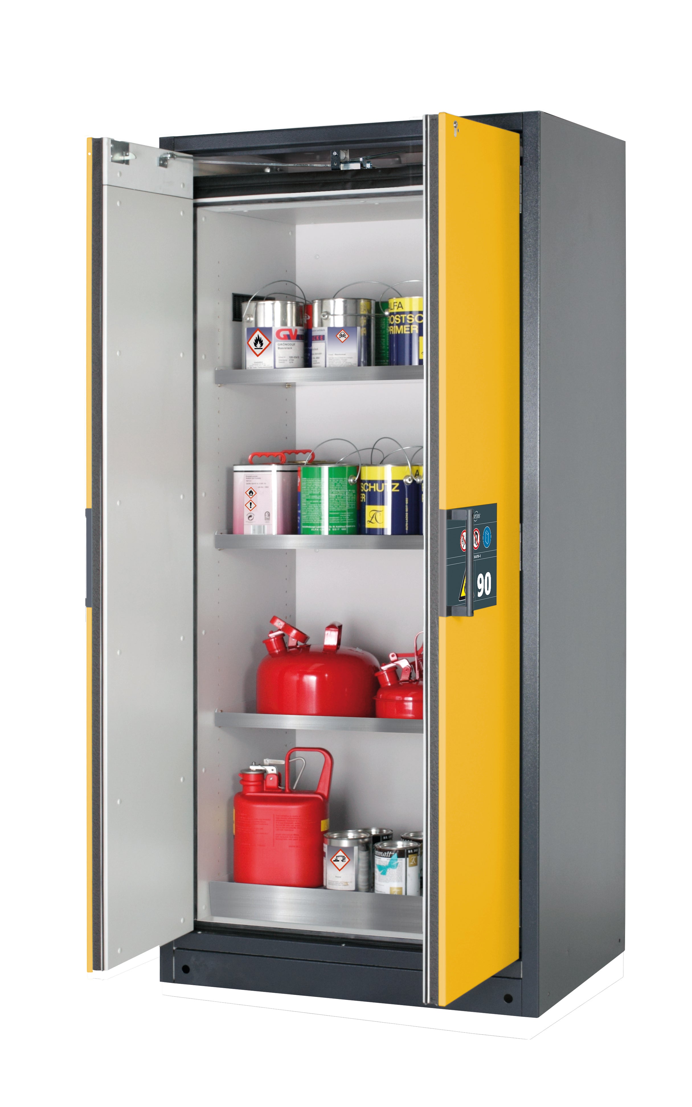 Typ 90 Sicherheitsschrank Q-PEGASUS-90 Modell Q90.195.090.WDAC in sicherheitsgelb RAL 1004 mit 3x Fachboden Standard (Edelstahl 1.4301)