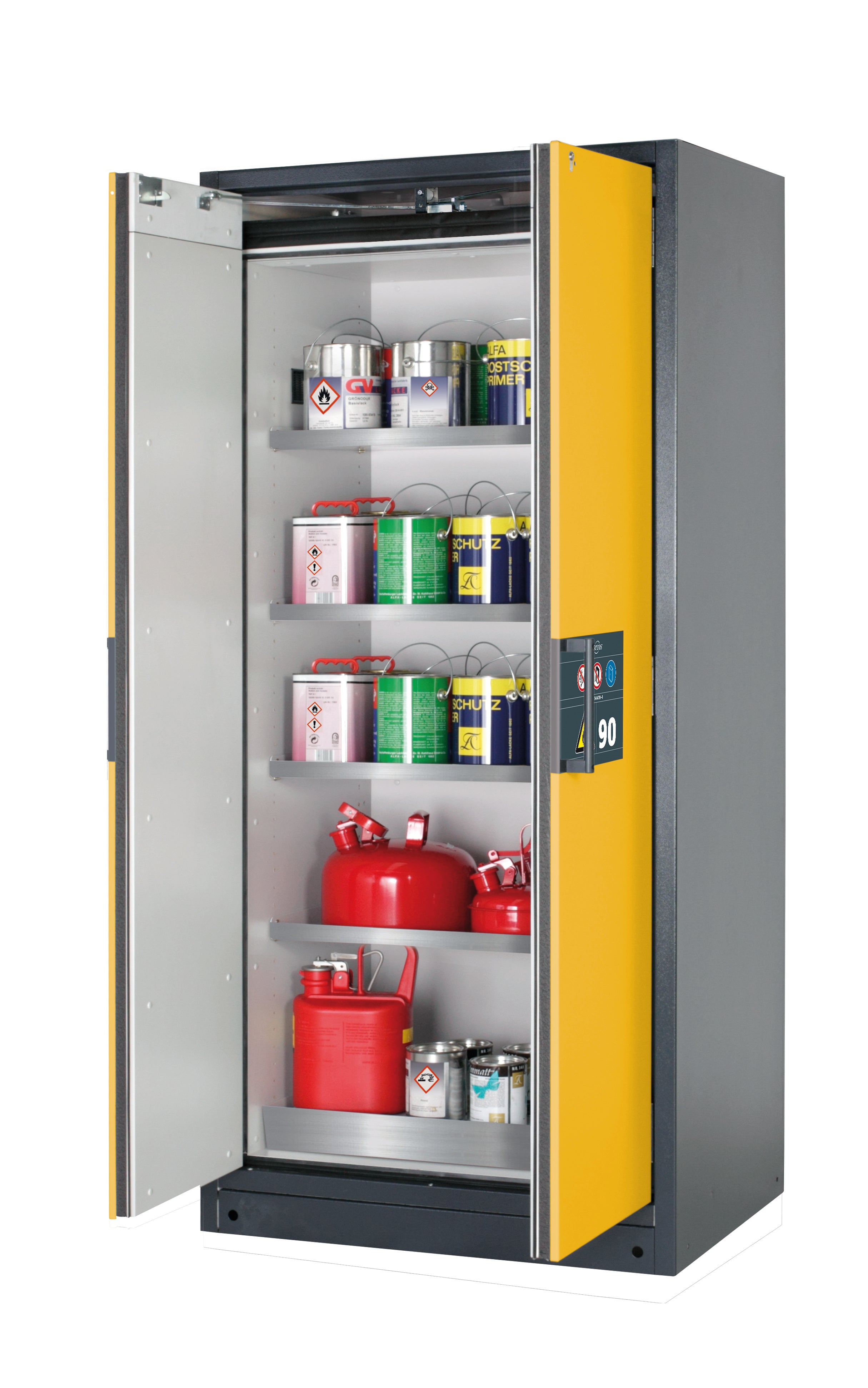 Typ 90 Sicherheitsschrank Q-PEGASUS-90 Modell Q90.195.090.WDAC in sicherheitsgelb RAL 1004 mit 4x Fachboden Standard (Edelstahl 1.4301)
