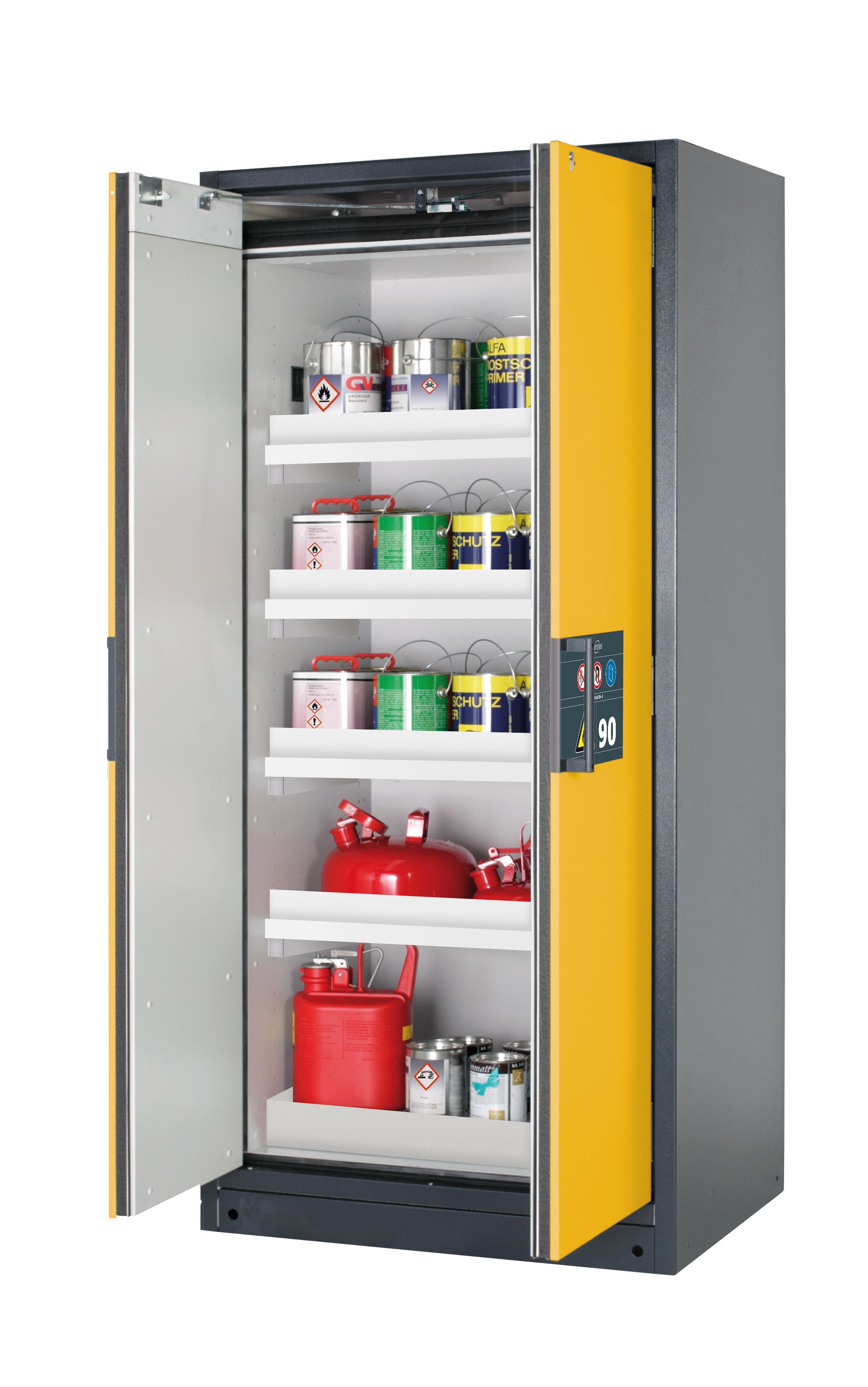 Typ 90 Sicherheitsschrank Q-PEGASUS-90 Modell Q90.195.090.WDAC in sicherheitsgelb RAL 1004 mit 4x Wannenboden Standard (Polypropylen)