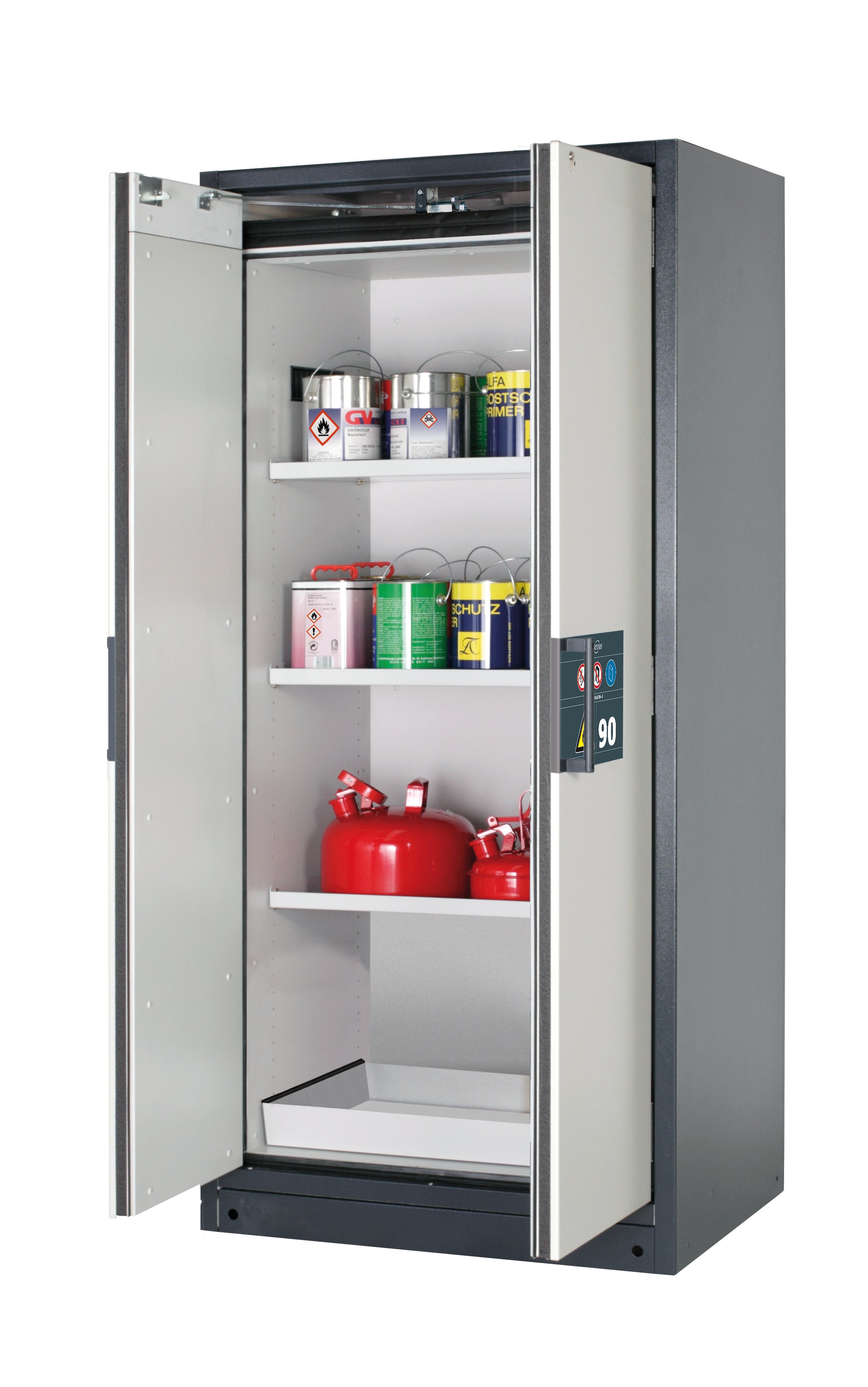 Typ 90 Sicherheitsschrank Q-PEGASUS-90 Modell Q90.195.090.WDAC in lichtgrau RAL 7035 mit 3x Fachboden Standard (Stahlblech)